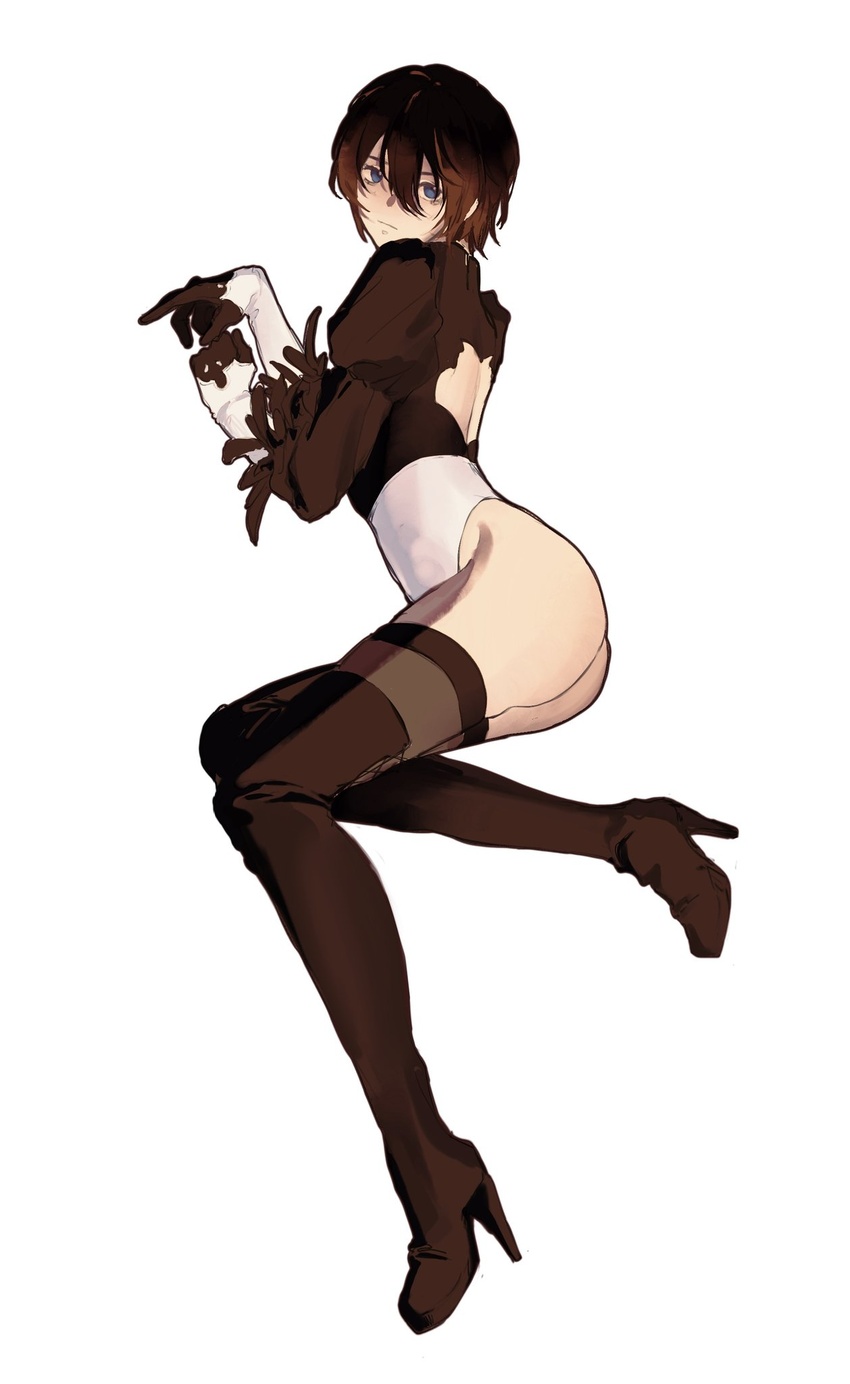 2b_(nier:automata) 2b_(nier:automata)_(cosplay) adventurer_(ff14) ass back_cutout black_gloves black_hair blue_eyes blush boots brown_footwear brown_gloves brown_hair brown_thighhighs clothing_cutout cosplay feather-trimmed_sleeves feather_trim female final_fantasy final_fantasy_xiv genderswap_(mtf) gloves gradient_hair grey_background hair_between_eyes high_heel_boots high_heels highleg highleg_leotard highres leotard looking_at_viewer looking_back lying multicolored_hair nier:automata nier_(series) no_blindfold on_side puffy_sleeves rule_63 short_hair simple_background skindentation sleeved_leotard solo thigh_boots thighhighs thong_leotard turtleneck turtleneck_leotard warrior_of_light_(ff14) white_gloves white_leotard xiao_dao_(kojimarie)