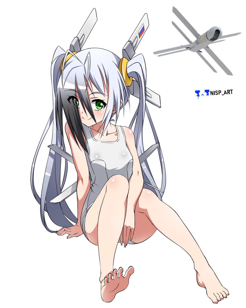 absurdres antenna_hair barefoot drone eyes_visible_through_hair feet female green_eyes hair_over_one_eye highres mecha_musume military nisp_art one-piece_swimsuit original personification russian_army russian_flag school_swimsuit soles solo spread_toes swimsuit toes twintails uav watermark white_hair white_one-piece_swimsuit zala_lancet