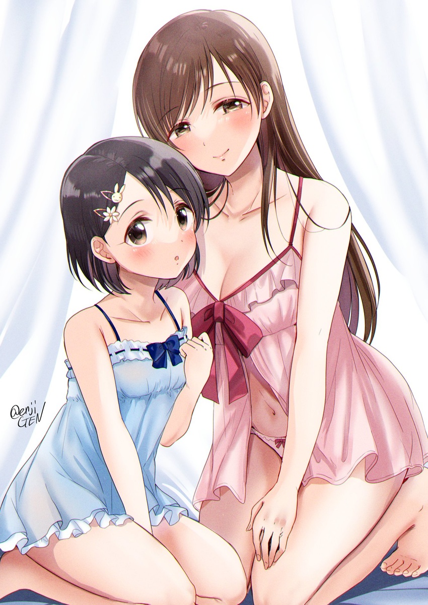 2girls :o babydoll black_hair blush breasts brown_hair cleavage collarbone frilled_underwear gen_(enji) hair_ornament hairpin highres idolmaster idolmaster_cinderella_girls kneeling large_breasts lingerie long_hair looking_at_viewer multiple_girls navel negligee nitta_minami sasaki_chie small_breasts smile swept_bangs underwear underwear_only very_long_hair