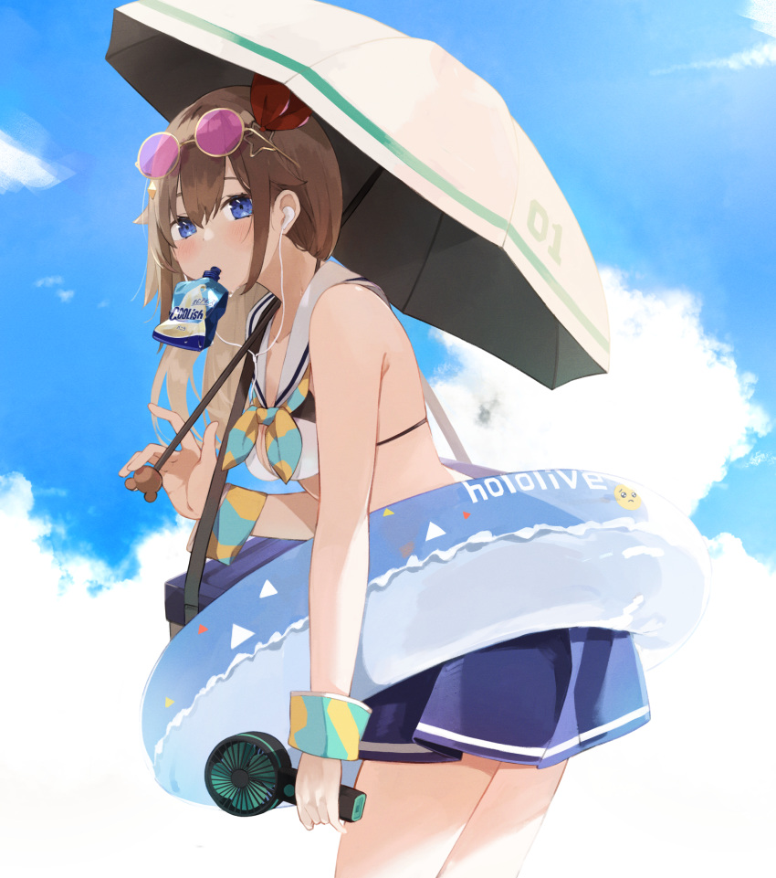 bag bikini bikini_skirt blue_eyes blue_sky blush breasts brown_hair cloud cloudy_sky commentary coolish copyright_name cowboy_shot day earbuds earphones electric_fan emoji eyewear_on_head female hair_flaps hair_ornament hair_ribbon hand_fan highres holding holding_umbrella hololive innertube kase_(kurimuzone_oruta) long_hair looking_at_viewer medium_breasts official_alternate_costume outdoors parasol pleading_face_emoji ribbon round_eyewear sailor_collar shoulder_bag sky solo star_(symbol) star_hair_ornament sunglasses swim_ring swimsuit tinted_eyewear tokino_sora tokino_sora_(hololive_summer_2019) umbrella virtual_youtuber white_bikini wrist_cuffs