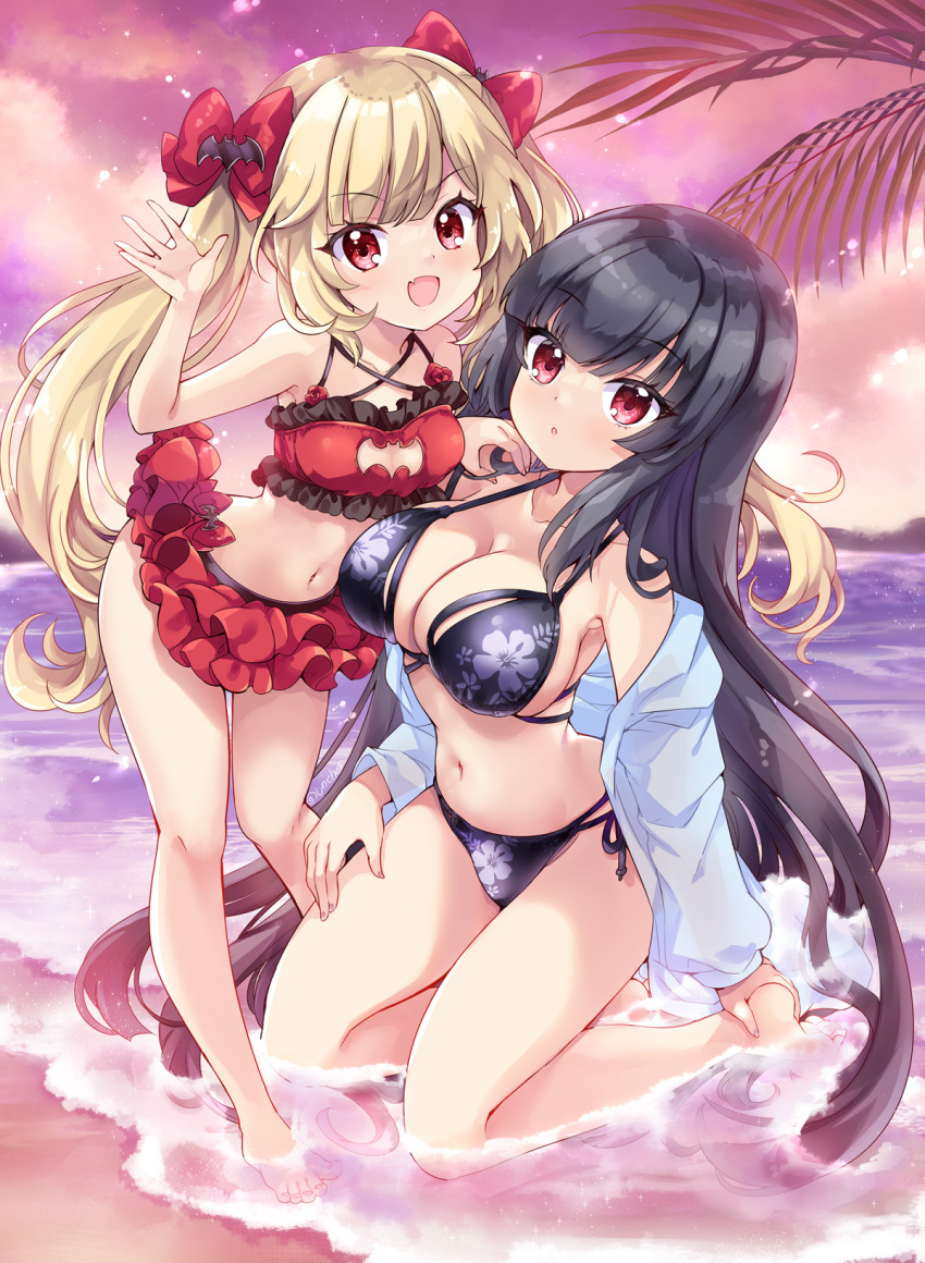 2girls atre bat_cutout bat_hair_ornament bikini bikini_skirt black_bikini black_hair blonde_hair blush breasts ecute floral_print floral_print_bikini hair_ornament hair_ribbon hand_on_another's_shoulder highres hinata_momo in_water jashin-chan_dropkick large_breasts long_hair looking_at_viewer multiple_girls navel ocean open_mouth outdoors palm_tree red_bikini red_eyes ribbon shirt side-tie_bikini_bottom sky small_breasts smile swimsuit tree twintails white_shirt