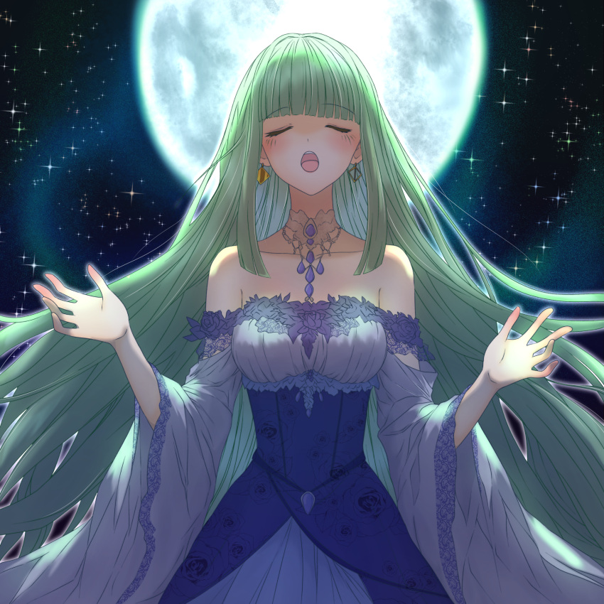 bare_shoulders blue_dress blunt_bangs blunt_ends blush breasts closed_eyes collarbone dot_nose dress earrings facing_viewer floral_print flower-trimmed_dress full_moon gold_earrings green_hair hands_up highres hime_cut jewelry long_hair medium_breasts mikan_mizu mismatched_earrings moon nah_(vtuber) off-shoulder_dress off_shoulder open_mouth pendant_choker sidelocks sky spread_fingers star_(sky) starry_sky teeth tongue upper_teeth_only very_long_hair virtual_youtuber wide_sleeves