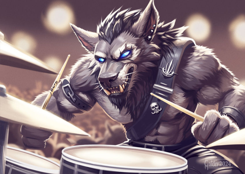 anthro beard blizzard_entertainment blue_eyes bottomwear canid clothing digital_drawing_(artwork) digital_media_(artwork) drumming ear_piercing facial_hair fur galder hair hi_res male mammal muscular muscular_male pants piercing shirtless warcraft were werecanid worgen