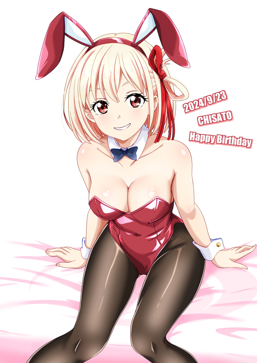 animal_ears black_pantyhose blonde_hair blue_bow blue_bowtie bow bowtie breasts cleavage detached_collar fake_animal_ears feet_out_of_frame female folded_hair grin gx9900wing happy_birthday highres leotard lycoris_recoil medium_breasts nishikigi_chisato pantyhose playboy_bunny rabbit_ears red_eyes red_leotard short_hair simple_background sitting smile solo strapless strapless_leotard white_background wrist_cuffs