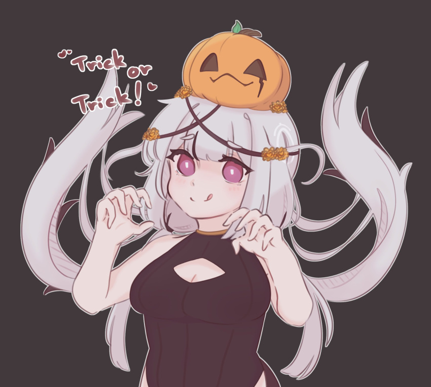 :q artist_self-insert bare_arms bare_shoulders black_background black_hair black_leotard breasts chonkyorca claw_pose cleavage cleavage_cutout closed_mouth clothing_cutout commentary english_text female floating_hair grey_hair halloween hands_up highres jack-o'-lantern leotard long_hair looking_at_viewer low_twintails medium_breasts multicolored_hair orca_(chonkyorca) original pumpkin_hat purple_eyes simple_background smile streaked_hair symbol-only_commentary thick_eyebrows tongue tongue_out trick_or_treat twintails very_long_hair