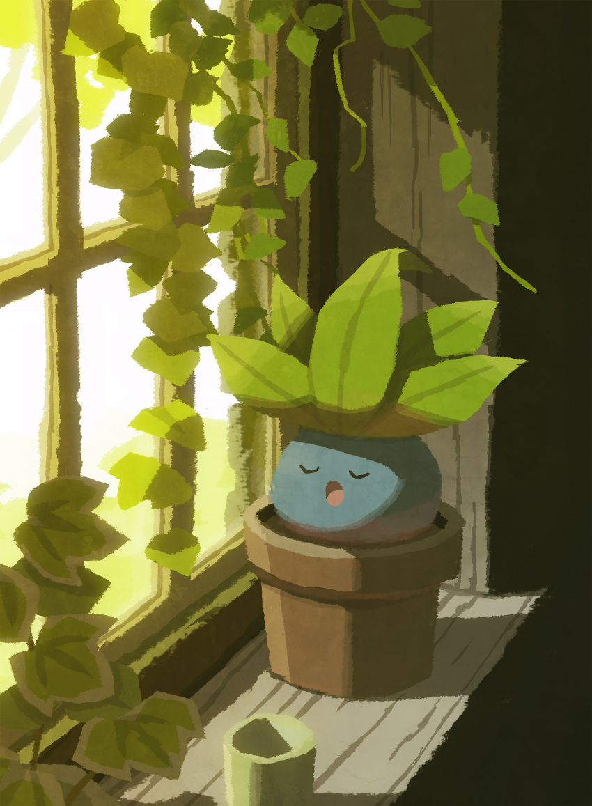 absurd_res ambiguous_gender blue_body feral generation_1_pokemon green_leaves hi_res hyogonosuke ivy_(plant) light nintendo oddish pastel_(artwork) plant plant_pot pokemon pokemon_(species) sleeping solo sunlight traditional_media_(artwork) vines window