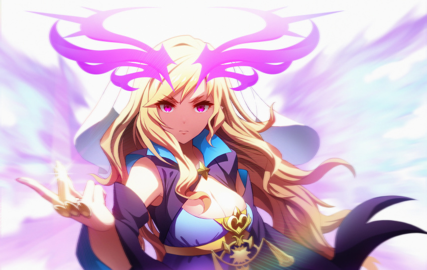 absurdres bare_shoulders blonde_hair female gibagiba hair_ornament halo highres large_areolae long_hair lucifer_(monster_strike) monster_strike purple_eyes purple_halo purple_wings solo white_veil wings