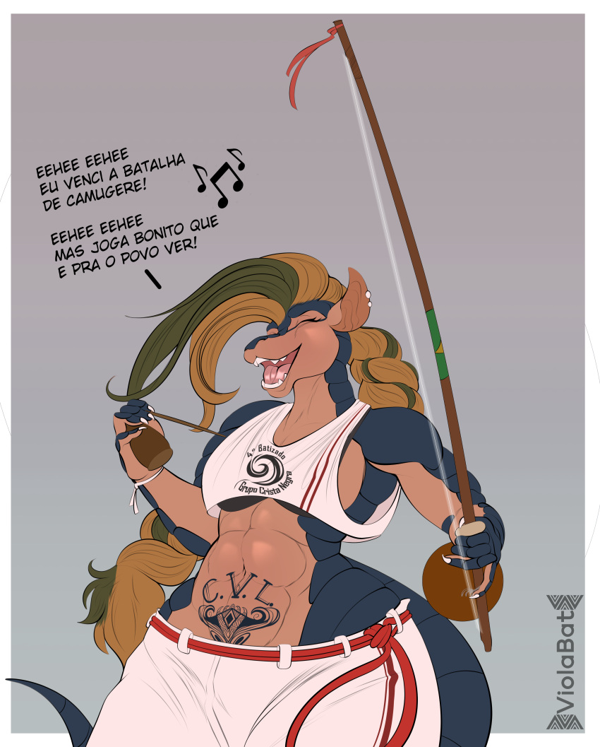 absurd_res anthro armadillo athletic athletic_female berimbau bra braided_hair capoeira clothing female hair hi_res mammal multicolored_hair muscular muscular_female open_mouth shirt singing smile solo tank_top tomboy topwear underwear viola_bat womb_tattoo xenarthran