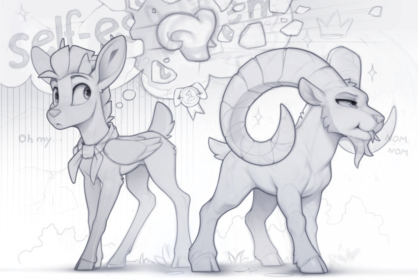 antlers big_horn blush bovid caprine cloven_hooves duo eating feral goat hooves horn male mammal monochrome nom om_nom_nom peryton scarf thought_bubble wings yakovlev-vad yakovlev-vad_(oc)