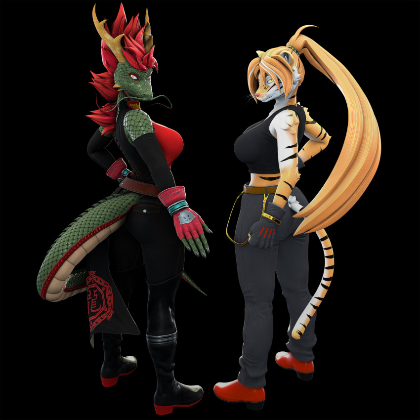 1:1 2024 3d_(artwork) 5_fingers anthro ass black_stripes blender_(artwork) bottomwear bras_(petruz) breasts claws clothed clothed_anthro clothed_female clothing digital_media_(artwork) dragon duo eastern_dragon felid female finger_claws fingerless_gloves fingers footwear fur gloves green_body green_scales hair handwear hi_res horn humanoid_hands jun_(petruz) looking_at_viewer looking_back looking_back_at_viewer mammal multicolored_body multicolored_fur mythological_creature mythological_scalie mythology orange_body orange_fur orange_hair pantherine pants petruz petruz_(copyright) ponytail red_hair scales scalie shirt shoes striped_body striped_fur stripes tail tank_top tiger topwear two_tone_body two_tone_fur white_body white_fur