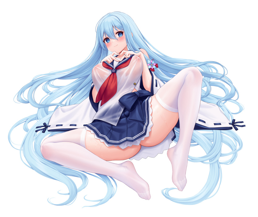 absurdly_long_hair allenes blue_eyes blue_hair blue_skirt breasts female frilled_skirt frills hair_between_eyes heart heart_hands highres jewelry large_breasts light_blue_hair long_hair looking_at_viewer lying miniskirt neckerchief on_back pleated_skirt red_neckerchief ring school_uniform serafuku shirayuki_(warship_girls_r) shirt simple_background skirt smile solo thighhighs very_long_hair warship_girls_r wedding_ring white_background white_shirt white_thighhighs