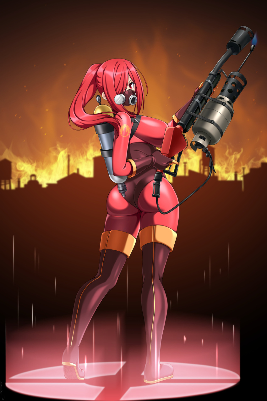 absurdres ass black_footwear black_gloves bodysuit boots breasts canister commission female fiery_background fire full_body gas_mask genderswap_(otf) gloves glowing glowing_floor hair_over_one_eye highres holding holding_flamethrower holding_weapon impossible_bodysuit impossible_clothes large_breasts latex latex_bodysuit lindaroze long_hair looking_at_viewer looking_back mask night night_sky outdoors ponytail pyro_(tf2) red_bodysuit red_eyes red_hair red_pyro_(tf2) rule_63 second-party_source sky solo standing team_fortress_2 thigh_boots weapon