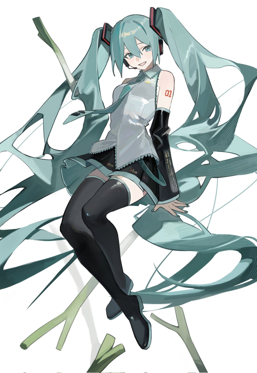 aqua_eyes aqua_hair aqua_nails arm_tattoo bare_shoulders black_footwear black_skirt boots breasts collared_shirt corrupted_twitter_file crossed_legs detached_sleeves female full_body grey_shirt hair_between_eyes hatsune_miku headphones highres invisible_chair long_hair looking_at_viewer microphone necktie open_mouth qi_xia shirt sitting skirt sleeveless sleeveless_shirt small_breasts smile solo spring_onion tattoo thigh_boots twintails very_long_hair vocaloid