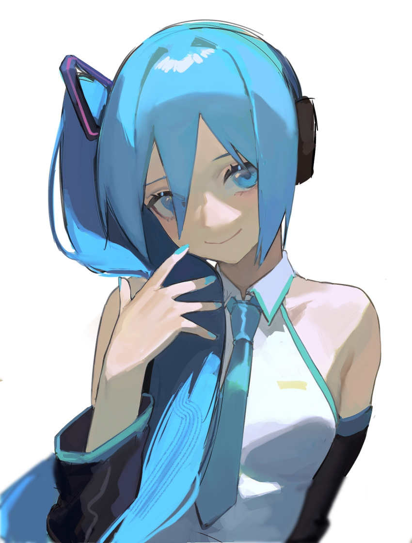 bare_shoulders blue_eyes blue_hair blue_nails breasts closed_mouth collared_shirt detached_sleeves female hair_ornament hatsune_miku hatsune_miku_(noodle_stopper) highres long_hair meme qi_xia shirt sidetail_miku_noodle_stopper_(meme) simple_background sleeveless sleeveless_shirt small_breasts smile solo upper_body vocaloid white_background