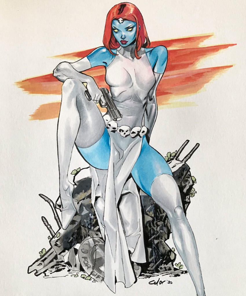 artofcelor blue_skin boots colored_skin dress elbow_gloves female gloves gun handgun highres holding holding_gun holding_weapon marvel mystique pelvic_curtain red_hair side_slit signature sleeveless sleeveless_dress solid_eyes solo thigh_boots weapon white_dress white_footwear white_gloves x-men yellow_eyes