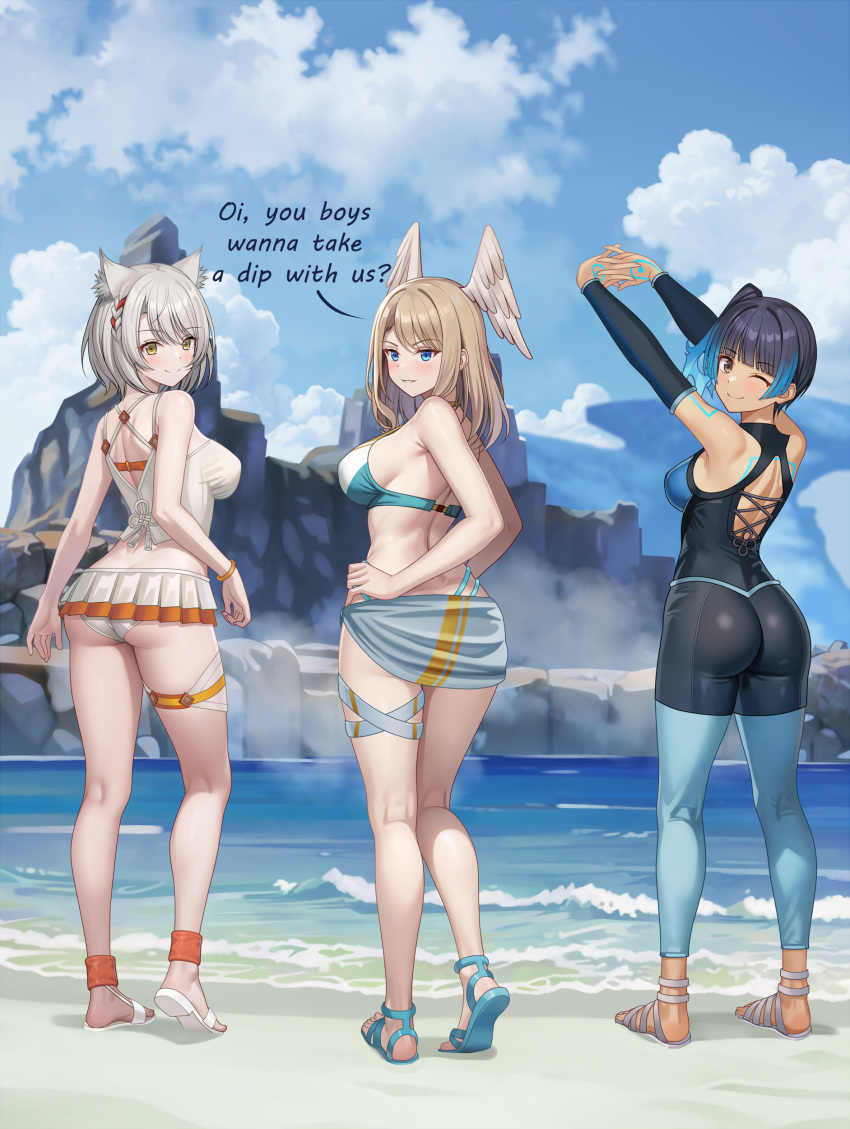 3girls absurdres animal_ears ass beach bikini blue_eyes blue_footwear blue_one-piece_swimsuit blue_sky blunt_bangs blurry blurry_background braid breasts cat_ears cloud cloudy_sky commission day english_text eunie_(xenoblade) feet fiery_hair full_body green_eyes grey_footwear grey_hair heel_up highres impossible_clothes impossible_swimsuit kneepits large_breasts legs light_brown_hair looking_back mio_(xenoblade) mountainous_horizon multiple_girls ocean one-piece_swimsuit outdoors sandals second-party_source sena_(xenoblade) side_ponytail sky smile standing swept_bangs swimsuit toenails toes vodka13 white_footwear xenoblade_chronicles_(series) xenoblade_chronicles_3 yellow_eyes