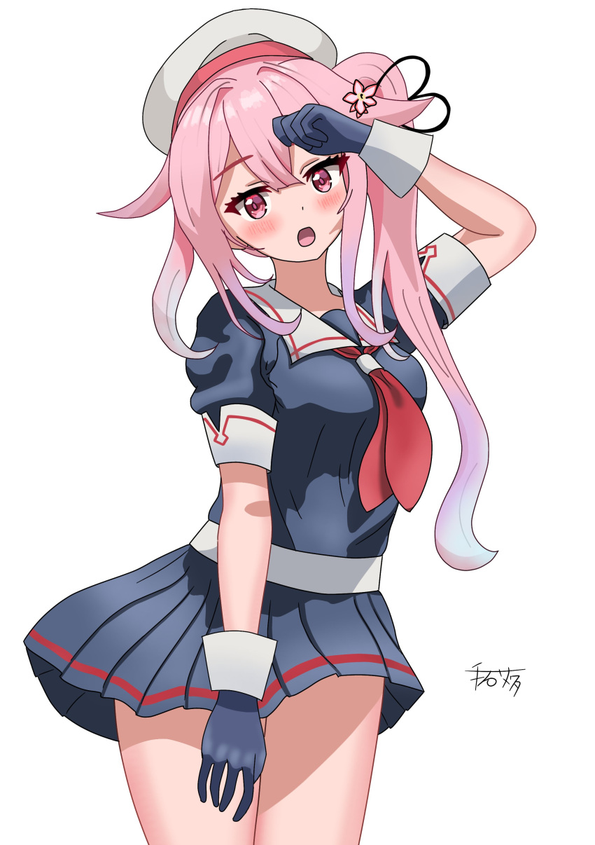 absurdres artist_name beret black_gloves black_serafuku black_shirt black_skirt blue_hair commentary_request female gloves gradient_hair hair_flaps harusame_(kancolle) harusame_kai_ni_(kancolle) hat highres kantai_collection multicolored_hair neckerchief pink_hair pleated_skirt red_neckerchief sailor_collar school_uniform serafuku shirt side_ponytail simple_background skirt solo teishi_samewata white_background white_hat white_sailor_collar