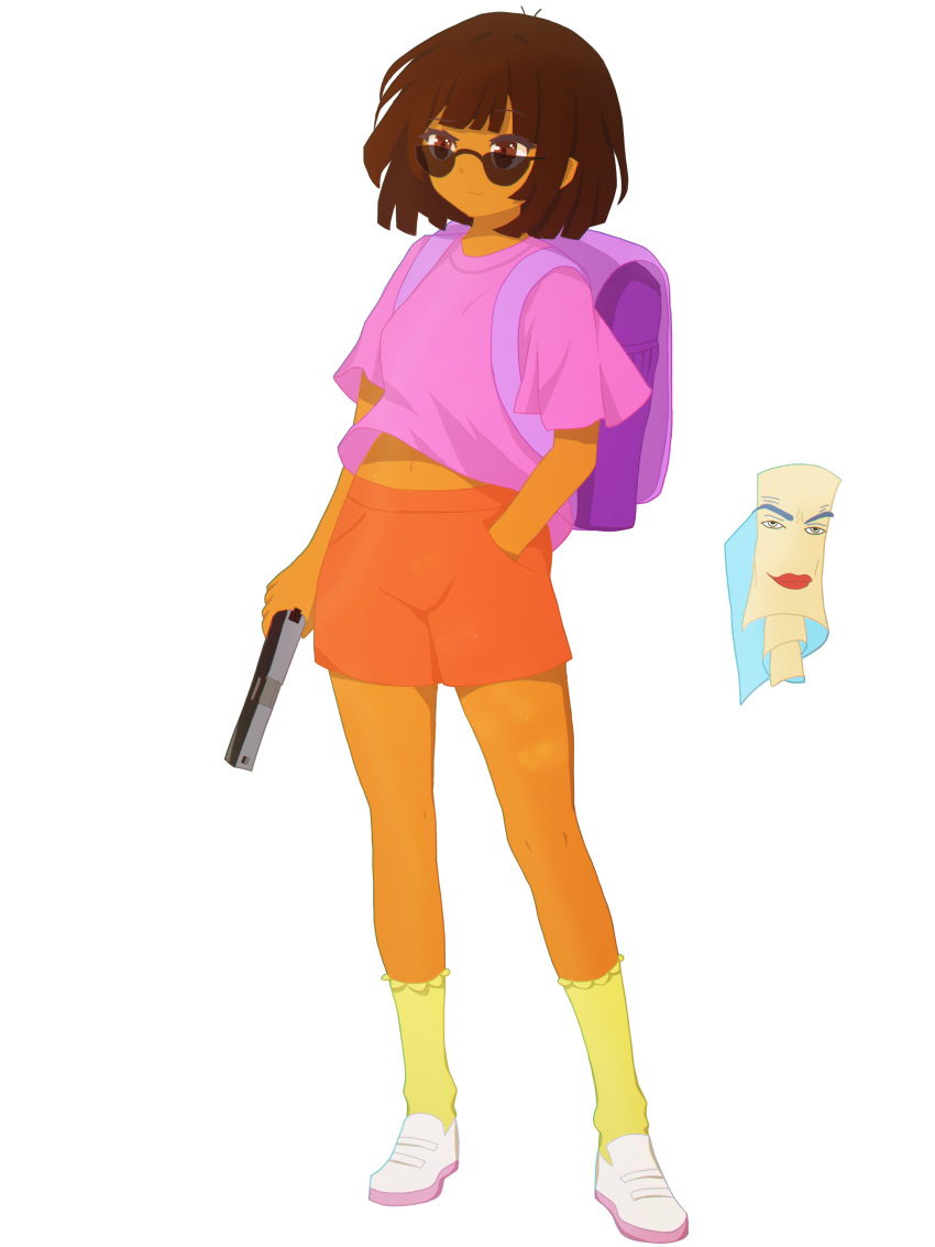 absurdres backpack bag brown_hair commentary dora_marquez dora_the_explorer female full_body gun hand_in_pocket handgun highres holding holding_gun holding_weapon lancerkoi looking_ahead map_(dora_the_explorer) midriff_peek navel orange_shorts pink_shirt purple_bag randoseru shirt shorts simple_background socks solo sunglasses transparent_background weapon white_footwear yellow_socks