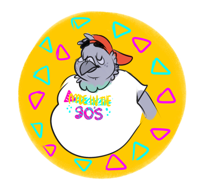 2019 90s_clothing anthro avian backwards_baseball_cap backwards_hat baseball_cap beak beastofeuthanasia belly big_belly bird black_eyebrows closed_eyes clothed clothed_anthro clothed_male clothing columbid digital_drawing_(artwork) digital_media_(artwork) double_chin english_text eyebrows feather_hair feathers flat_colors grey_beak grey_body grey_feathers hair hair_through_hat half-length_portrait hat headgear headwear male male_anthro mouth_closed neck_tuft obese obese_anthro obese_male overweight overweight_anthro overweight_male pigeon portrait pseudo_hair red_baseball_cap ross_(beastofeuthanasia) shirt short_hair simple_background solo t-shirt text text_on_clothing text_on_shirt text_on_topwear thick_eyebrows topwear tuft white_clothing white_shirt white_t-shirt white_topwear yellow_background