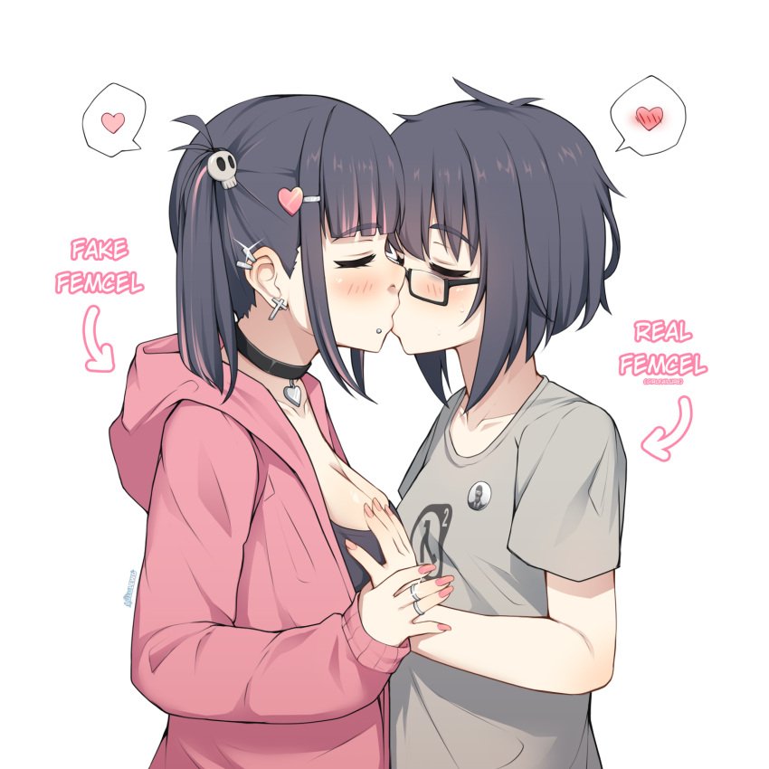 2girls arrow_(symbol) black_choker black_hair black_shirt blush breasts choker cleavage closed_eyes cross cross_earrings ear_piercing earrings glasses grabbing_another's_breast grey_shirt groping half-life_(series) half-life_2 heart heart_choker highres holding_another's_wrist jacket jewelry large_breasts lip_piercing lululewd multicolored_hair multiple_girls multiple_rings original piercing pink_hair pink_jacket pink_nails ring semi-rimless_eyewear shirt short_hair short_sleeves simple_background spy_(tf2) streaked_hair team_fortress_2 twintails under-rim_eyewear white_background yuri zoomer_slang