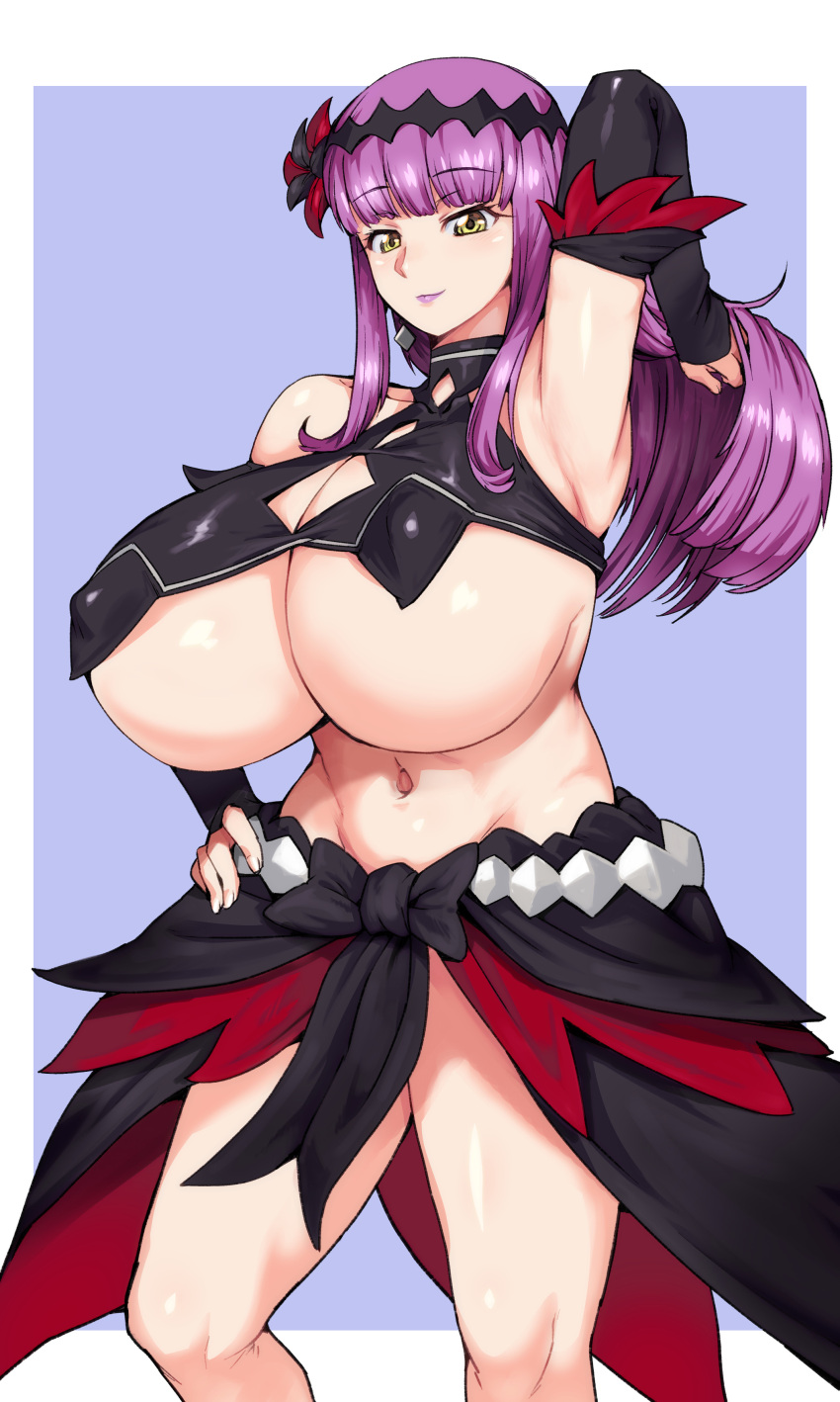 absurdres bra breasts cleavage cupless_bra female flower flower_on_head hair_flower hair_ornament highres huge_breasts kaga_kasama lady_j large_breasts lipstick long_hair looking_at_viewer makeup navel purple_hair purple_lips smile solo underboob underwear valkyrie_drive valkyrie_drive_-mermaid- yellow_eyes