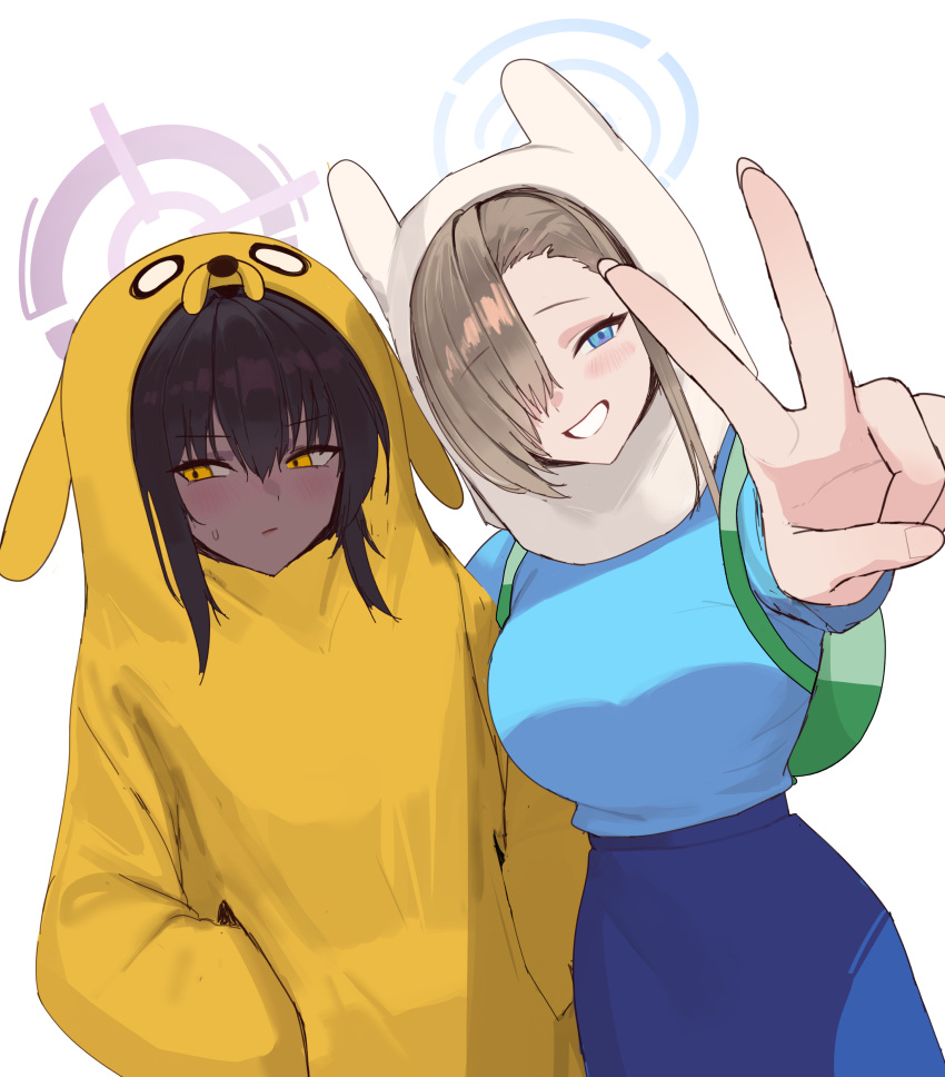 2girls absurdres adventure_time animal_hood asuna_(blue_archive) averting_eyes backpack bag black_hair blue_archive blue_eyes blue_shirt blue_skirt blush breasts brown_hair closed_mouth cosplay crownmome dark-skinned_female dark_skin dog_hood english_commentary finn_the_human finn_the_human_(cosplay) grin hair_over_one_eye halo hands_in_pockets highres hood hood_up jake_the_dog jake_the_dog_(cosplay) karin_(blue_archive) long_hair long_sleeves looking_at_viewer multiple_girls onesie outstretched_arm revision rinhee shirt simple_background skirt smile v white_background yellow_eyes