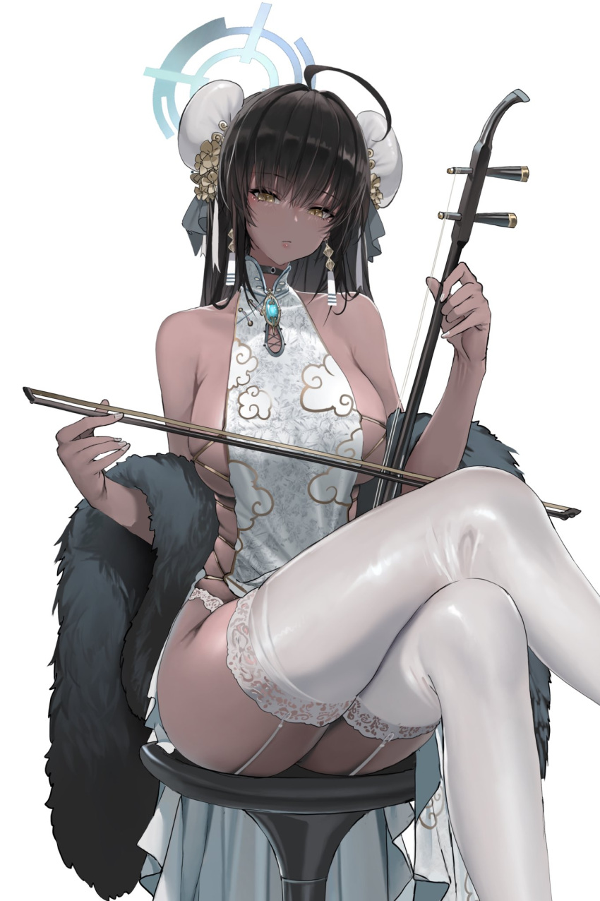 ahoge alternate_costume black_dress black_hair blue_archive blue_halo breasts crossed_legs dark-skinned_female dark_skin dishwasher1910 double_bun dress female garter_straps hair_bun halo highres holding holding_instrument instrument instrument_request karin_(blue_archive) large_breasts long_hair looking_at_viewer simple_background sitting sleeveless sleeveless_dress solo thighhighs white_background white_garter_straps white_thighhighs yellow_eyes