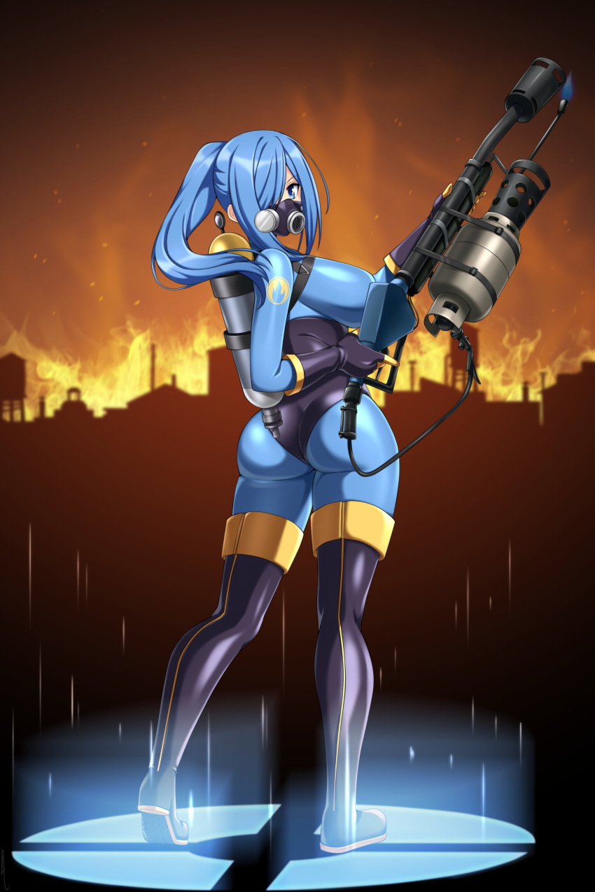 absurdres ass black_footwear black_gloves blu_pyro_(tf2) blue_bodysuit blue_eyes blue_hair bodysuit boots breasts canister commission female fiery_background fire full_body gas_mask genderswap_(otf) gloves glowing glowing_floor hair_over_one_eye highres holding holding_flamethrower holding_weapon impossible_bodysuit impossible_clothes large_breasts latex latex_bodysuit lindaroze long_hair looking_at_viewer looking_back mask night night_sky outdoors ponytail pyro_(tf2) rule_63 second-party_source sky solo standing team_fortress_2 thigh_boots weapon