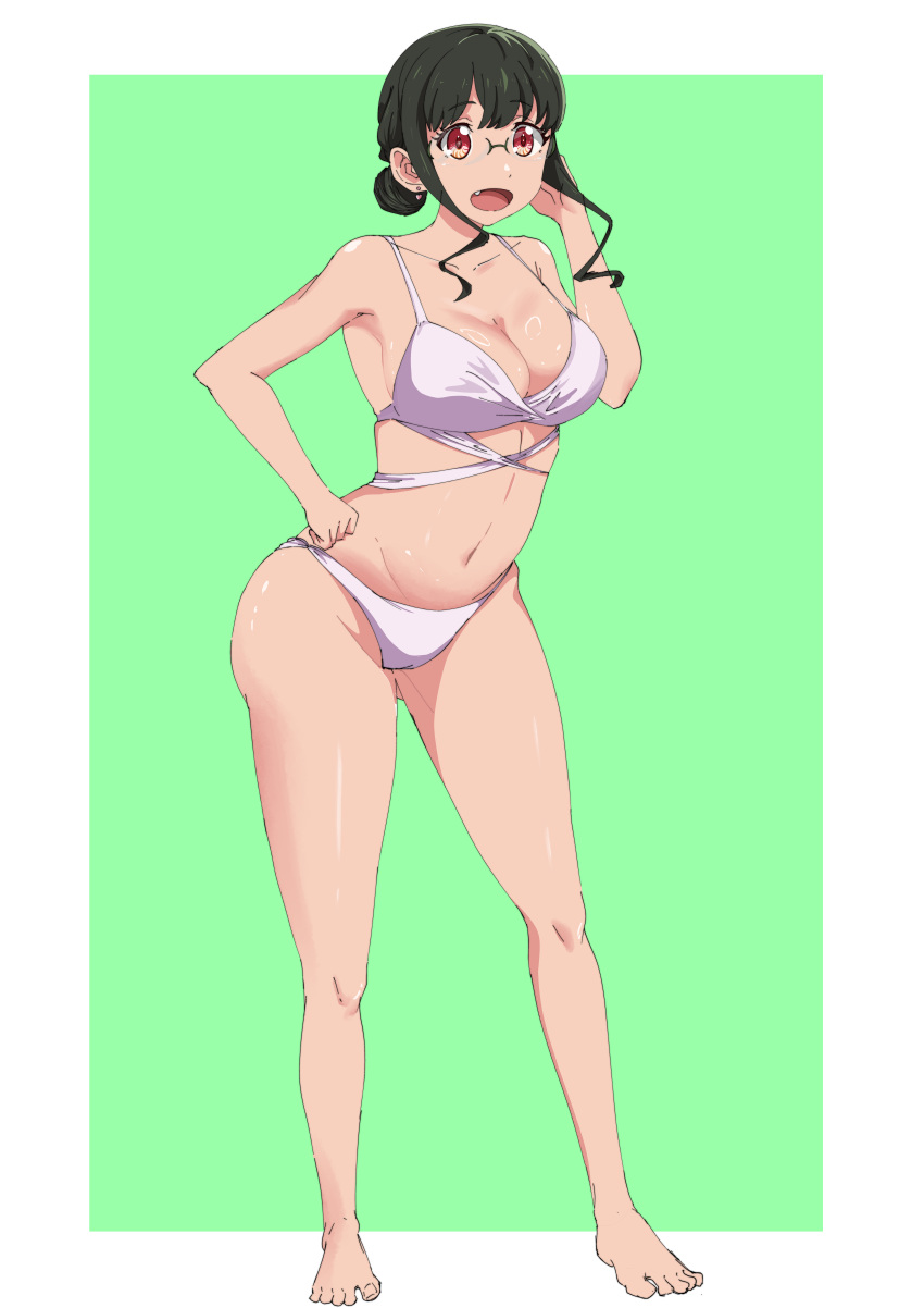 absurdres anosillus_ii ari_87 barefoot bikini black_hair breasts cleavage commission female full_body glasses green_background gridman_universe hair_bun hand_on_own_hip highres large_breasts long_hair multi-strapped_bikini_top navel oerba_yun_fang pixiv_commission red_eyes sidelocks single_hair_bun solo ssss.dynazenon swimsuit two-tone_background white_bikini