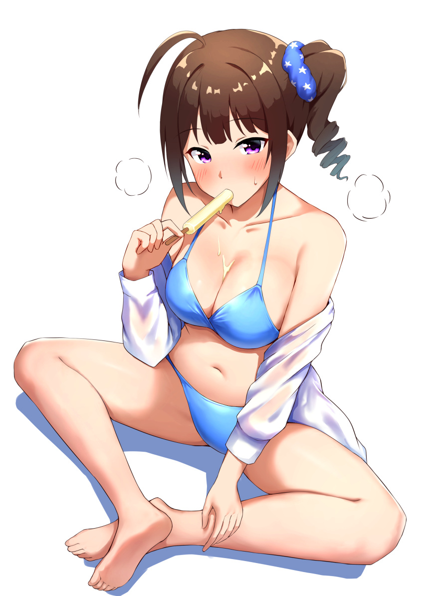 absurdres ahoge bare_legs bare_shoulders barefoot bikini blue_bikini blush breasts brown_hair butterfly_sitting cleavage collarbone commentary drill_hair eating female food food_between_breasts full_body hair_ornament hair_scrunchie halterneck hand_on_own_leg hand_up highres holding holding_food holding_ice_cream ice_cream idolmaster idolmaster_million_live! karua_(karua23) large_breasts long_sleeves looking_at_viewer navel off_shoulder open_clothes open_shirt print_scrunchie purple_eyes scrunchie see-through_clothes see-through_shirt shadow shirt short_hair side_drill side_ponytail simple_background sitting soles solo star_(symbol) star_print stomach sweatdrop swimsuit wet wet_clothes wet_shirt white_background white_shirt yokoyama_nao