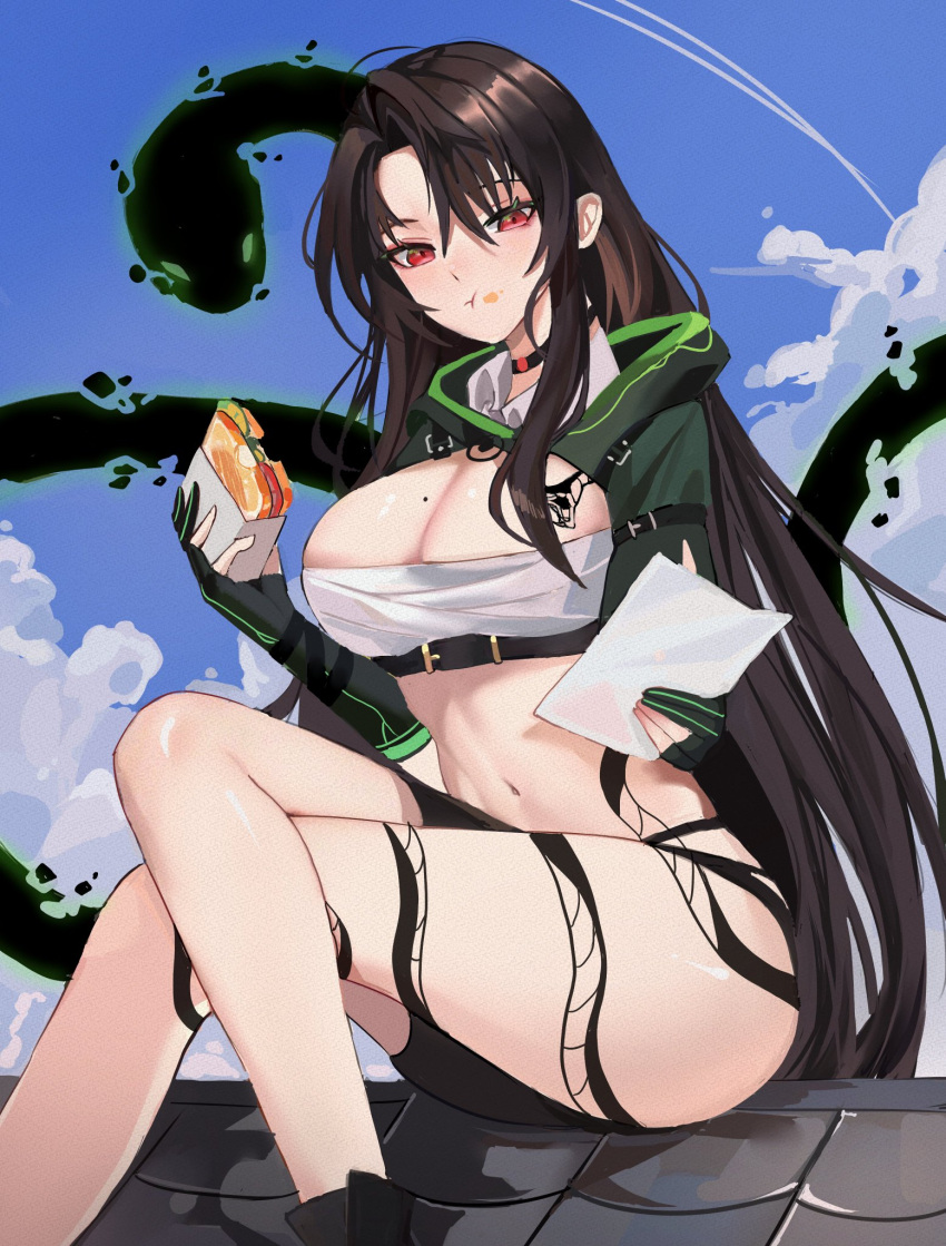 :t bare_legs belt bikini black_bikini black_choker black_hair breasts choker cleavage collared_shirt commission crop_top crossed_legs eating female food green_shrug highres holding holding_food holding_paper large_breasts leg_tattoo long_hair looking_at_viewer midriff mole mole_on_breast navel original outdoors paper parted_bangs red_eyes rudang sandwich shirt shrug_(clothing) sidelocks sitting snake solo stomach string_bikini swimsuit tattoo thighs very_long_hair white_shirt