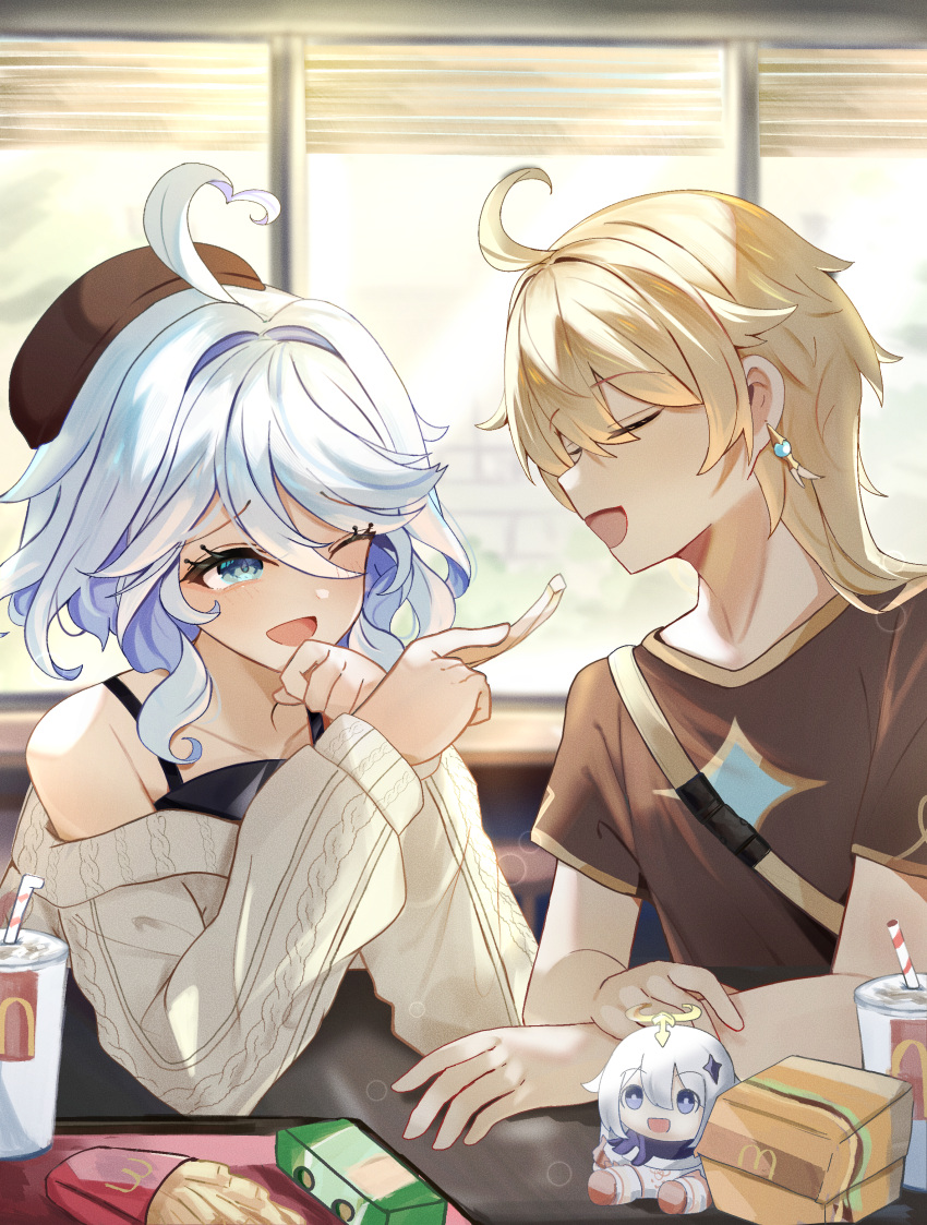 1boy absurdres aether_(genshin_impact) ahoge alternate_costume bimmy black_hat black_shirt black_undershirt blonde_hair blue_eyes blue_hair booth_seating closed_eyes collarbone commentary contemporary cup disposable_cup drinking_straw earrings fast_food feeding female food french_fries furina_(genshin_impact) genshin_impact hat highres holding holding_food indoors jewelry long_hair looking_at_another mcdonald's off-shoulder_shirt off_shoulder one_eye_closed open_mouth paimon_(genshin_impact) restaurant shirt sidelocks smile white_shirt window