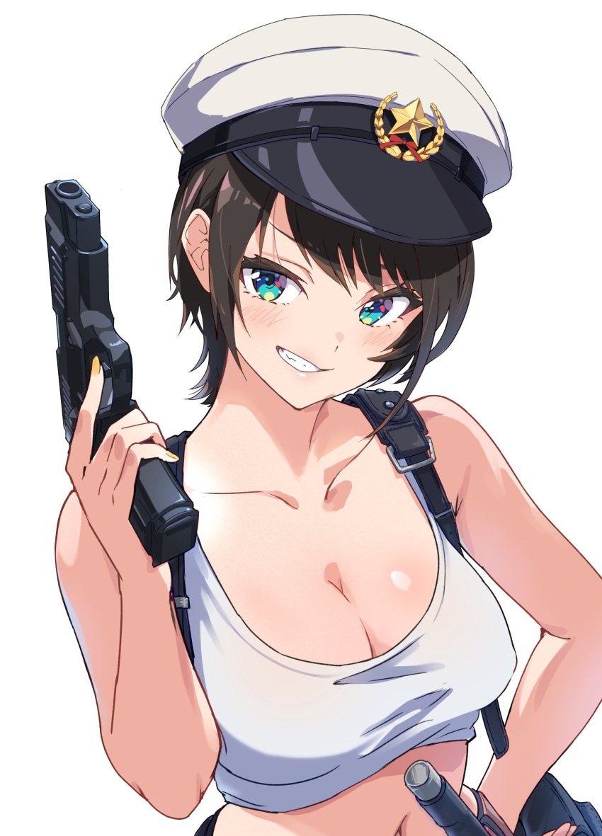 black_hair blue_eyes breasts cleavage collarbone crop_top female gun handgun hat highres holding holding_gun holding_weapon hololive hololive_grand_theft_auto large_breasts looking_at_viewer loup mp-443_grach navel oozora_subaru short_hair simple_background smile solo swept_bangs tank_top upper_body virtual_youtuber weapon white_background white_hat white_tank_top