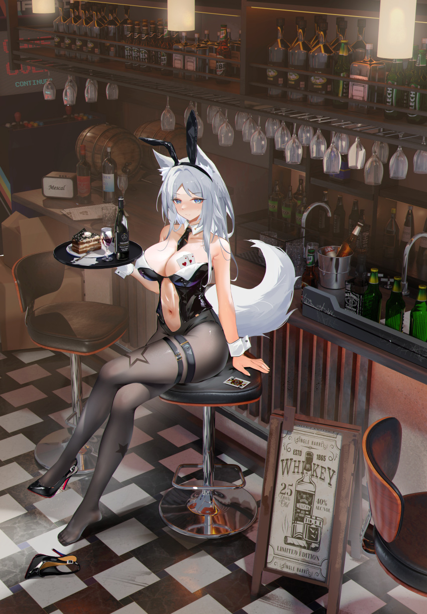 absurdres alcohol animal_ears bar_(place) beer blush bottle bow breasts cake cake_slice card cocktail_shaker commentary_request commission counter crossed_legs cup drinking_glass female food highres holding holding_tray indoors large_breasts long_hair original pantyhose pixiv_commission playboy_bunny sabou_san-shitsu_kokoro see-through_clothes sitting smile solo thighhighs tray white_hair wine wine_bottle wine_glass