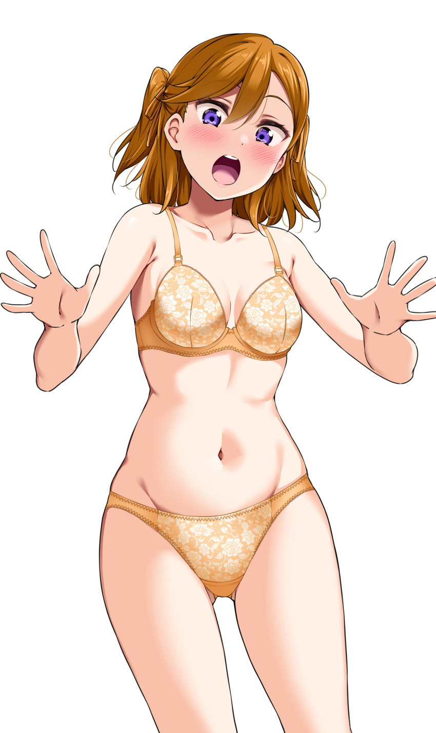 alternate_hairstyle bare_arms bare_legs bra breasts collarbone female floral_print hair_between_eyes hands_up highres light_blush looking_at_viewer love_live! love_live!_superstar!! medium_breasts medium_hair navel orange_bra orange_hair orange_panties panties purple_eyes shibuya_kanon simple_background surprised thighs two_side_up underwear white_background yopparai_oni