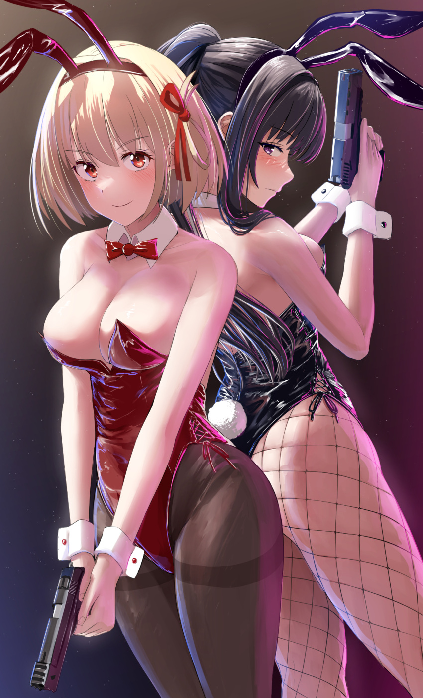 2girls animal_ears back-to-back black_hair black_leotard blonde_hair bob_cut breasts cleavage detached_collar fake_animal_ears fake_tail fishnet_pantyhose fishnets gun hair_ribbon handgun highres holding holding_gun holding_weapon inoue_takina leotard long_hair looking_at_viewer lycoris_recoil m1911 medium_breasts multiple_girls nishikigi_chisato pantyhose playboy_bunny ponytail purple_eyes rabbit_ears rabbit_tail red_eyes red_leotard red_ribbon ribbon s&w_m&p short_hair silver_bullet_(ecc12_8) smile strapless strapless_leotard tail teamwork weapon wrist_cuffs