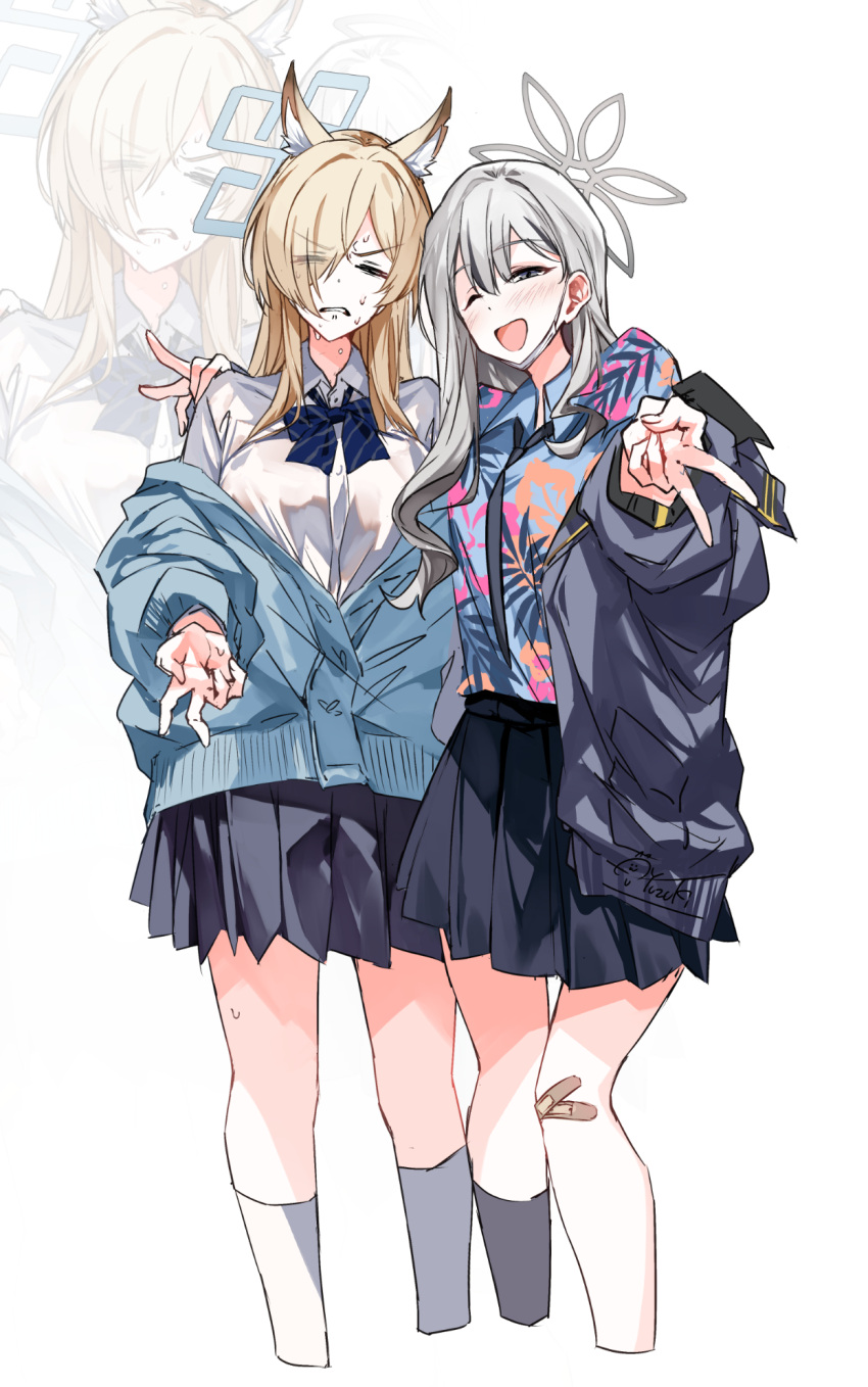 2girls ;d animal_ear_fluff animal_ears ascot asymmetrical_legwear bandaid bandaid_on_knee bandaid_on_leg black_skirt blonde_hair blue_archive blue_bow blue_bowtie blue_halo blue_jacket blue_shirt blush bow bowtie clenched_teeth collared_shirt double_v dress_shirt feet_out_of_frame floral_print fox_ears grey_ascot grey_eyes grey_hair grey_halo grey_jacket grey_socks hair_between_eyes hair_over_one_eye halo hand_on_another's_shoulder highres hirai_yuzuki jacket jacket_partially_removed kanna_(blue_archive) kneehighs knees_together_feet_apart konoka_(blue_archive) leaf_print long_hair looking_at_viewer mask mask_pull mouth_mask multiple_girls nervous_sweating one_eye_closed pleated_skirt projected_inset shirt sidelocks signature skirt smile socks squinting sweat sweatdrop teeth v v-shaped_eyebrows white_background white_shirt