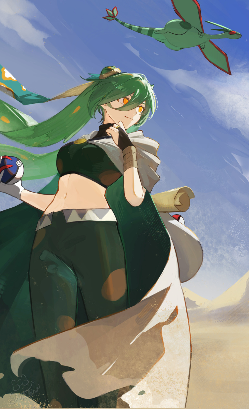 black_shirt cape closed_mouth cloud commentary cropped_shirt day desert female flygon gloves great_ball green_hair ground_miku_(project_voltage) hair_between_eyes hatsune_miku highres holding holding_poke_ball long_hair orange_eyes outdoors pants poke_ball poke_ball_(basic) pokemon pokemon_(creature) project_voltage sand scroll shirt sky standing twintails vocaloid yukihira_makoto