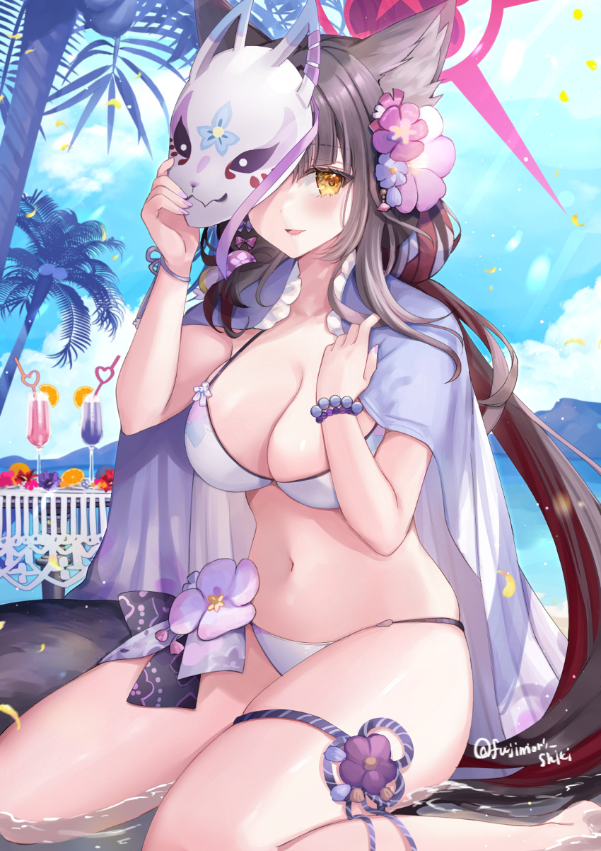 animal_ears bead_bracelet beads bikini black_hair blue_archive bracelet breasts cape cleavage cup day drinking_glass female flower fox_ears fox_mask fox_tail fujimori_shiki hair_flower hair_ornament halo hands_up highres holding holding_mask jewelry large_breasts long_hair looking_at_viewer low_ponytail mask multicolored_hair navel official_alternate_costume open_mouth outdoors skindentation smile solo stomach string_bikini swimsuit tail thigh_strap thighs two-tone_hair very_long_hair wakamo_(blue_archive) wakamo_(swimsuit)_(blue_archive) water white_bikini yellow_eyes