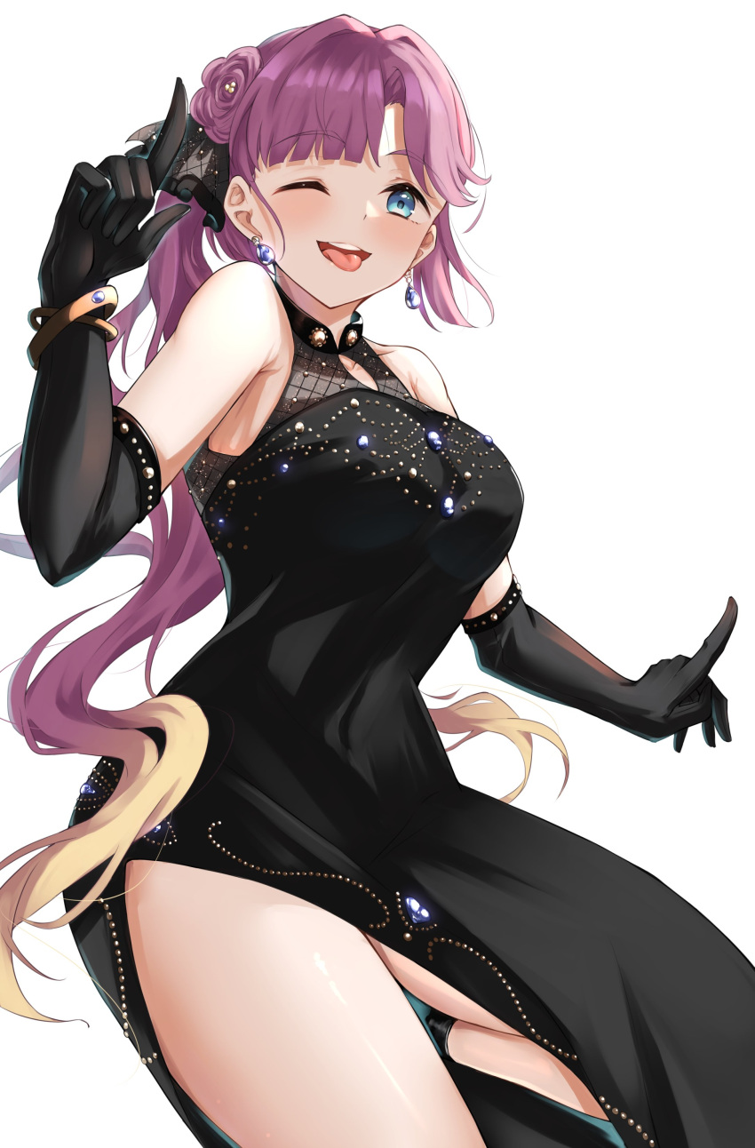 ;d absurdres anyoji_hime anyoji_hime_(16th_birthday) armpit_crease black_dress black_gloves blonde_hair blue_eyes blunt_bangs breasts collarbone commentary cowboy_shot dress elbow_gloves female flower-shaped_hair gloves gradient_hair hair_intakes highres index_fingers_raised ixianim large_breasts link!_like!_love_live! long_hair looking_at_viewer love_live! multicolored_hair official_alternate_costume official_alternate_hairstyle one_eye_closed open_mouth pink_hair side_ponytail side_slit simple_background sleeveless sleeveless_dress smile solo swept_bangs teeth thighs tongue tongue_out upper_teeth_only very_long_hair virtual_youtuber white_background