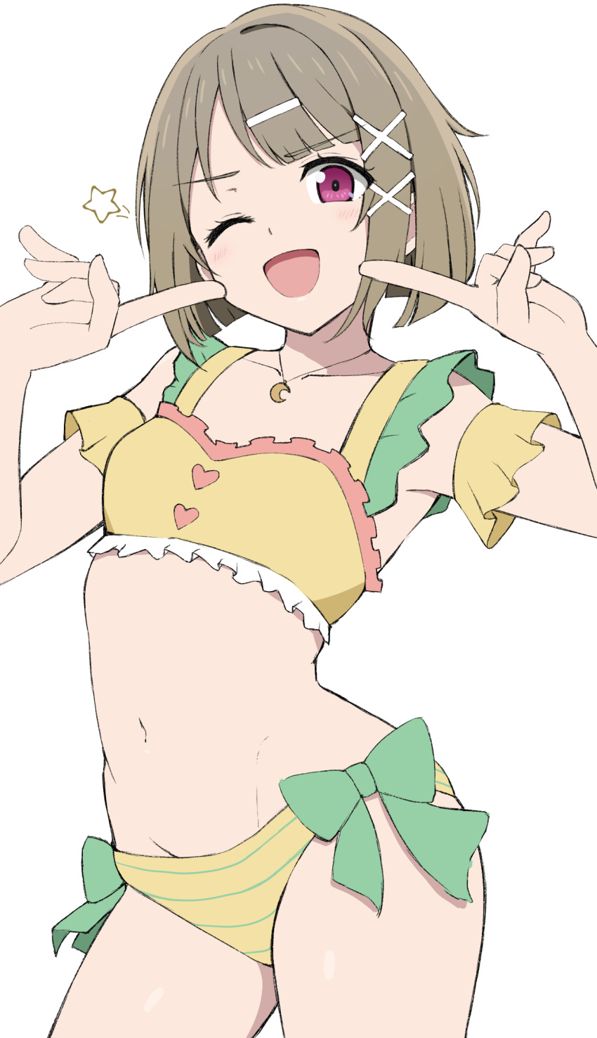 ;d bikini bow breasts brown_hair commentary_request female fingers_to_cheeks frilled_bikini frills green_bow groin hair_ornament hairclip hands_up highres looking_at_viewer love_live! love_live!_nijigasaki_high_school_idol_club nakasu_kasumi navel one_eye_closed purple_eyes short_hair simple_background small_breasts smile solo star_(symbol) striped_bikini striped_clothes swimsuit temari_rin white_background x_hair_ornament yellow_bikini