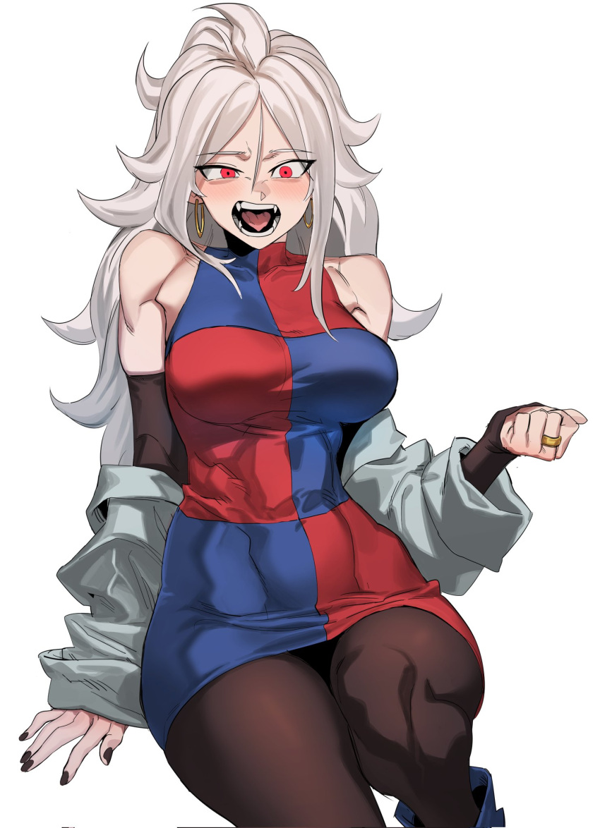 alternate_hair_color android_21 bare_shoulders black_pantyhose black_sleeves blue_dress breasts checkered_clothes checkered_dress coat detached_sleeves dragon_ball dragon_ball_fighterz dress fangs female highres lab_coat large_breasts long_hair muscular muscular_female off_shoulder open_mouth pantyhose red_dress red_eyes simple_background sleeveless sleeveless_dress solo teeth tongue two-tone_dress white_background white_coat white_hair zequung