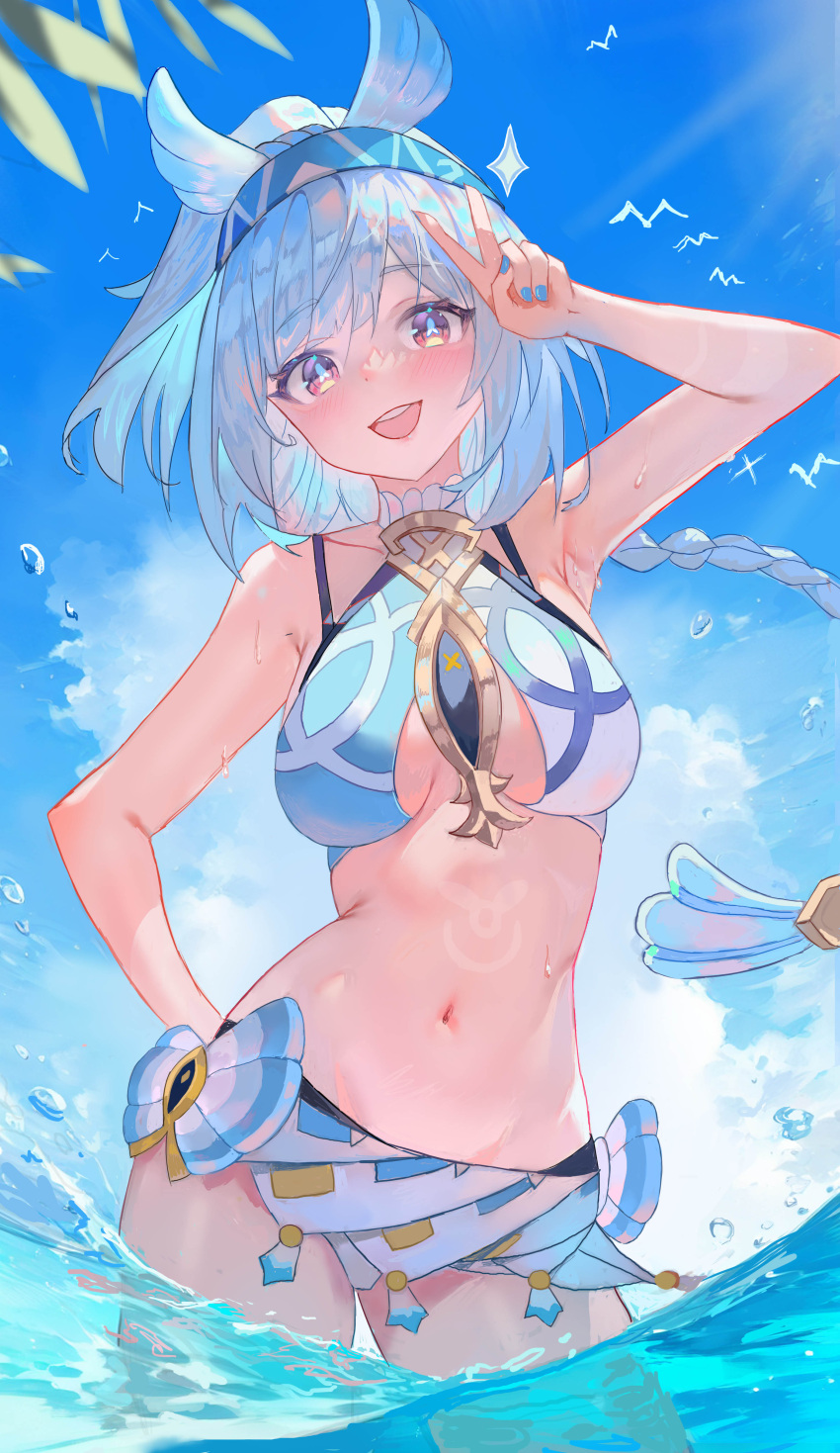 :d absurdres blue_hair blue_hairband blue_nails blue_sky braid braided_ponytail breasts cloud commentary_request cowboy_shot duzizai female fish-shaped_pupils genshin_impact hairband hand_on_own_hip hand_up highres light_blue_hair long_hair looking_at_viewer mualani_(genshin_impact) navel open_mouth outdoors red_eyes simple_bird sky smile solo swimsuit teeth underboob upper_teeth_only v very_long_hair wading water wet