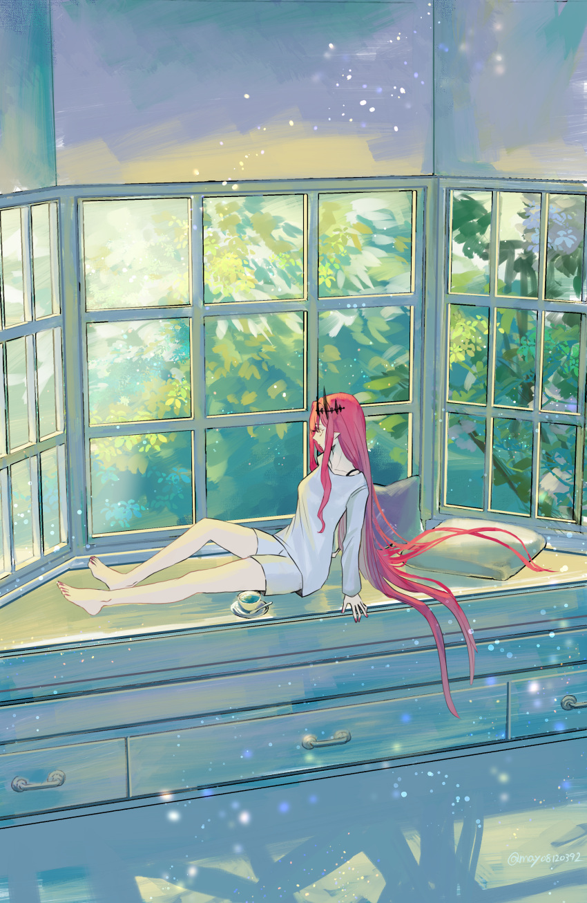 absurdres baobhan_sith_(fate) barefoot breasts cup fate/grand_order fate_(series) female full_body grey_eyes hair_ornament highres long_hair looking_to_the_side pink_hair pointy_ears red_nails shirt shorts sidelocks sitting skeymd solo teacup tree white_shirt white_shorts window windowsill