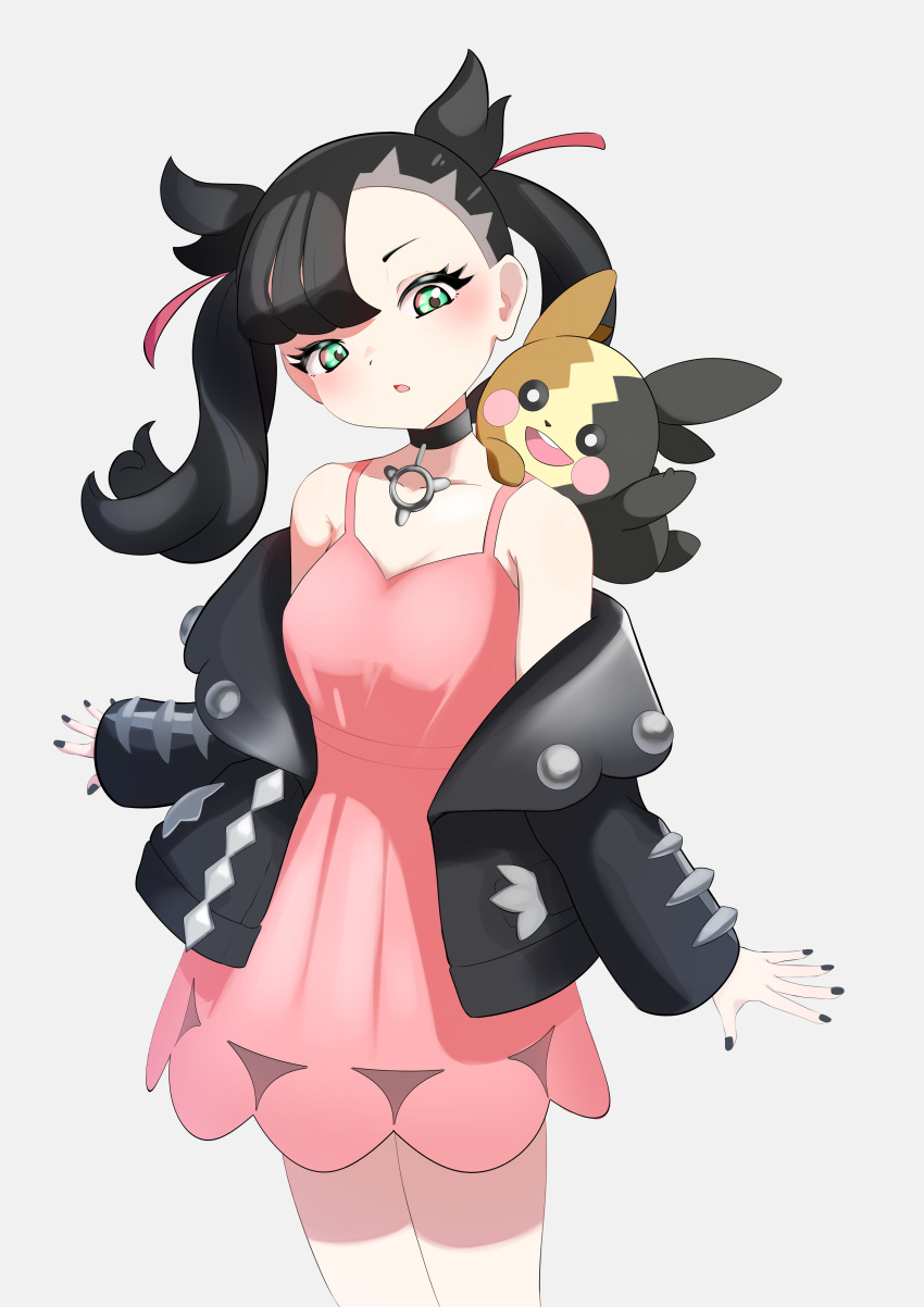 :o absurdres asymmetrical_bangs black_collar black_hair black_jacket black_nails collar collarbone commentary_request cowboy_shot dress eyelashes female green_eyes hair_ribbon harubaru_(yucm2375) highres jacket marnie_(pokemon) morpeko morpeko_(full) nail_polish off_shoulder open_mouth pink_dress pokemon pokemon_(creature) pokemon_on_back pokemon_swsh ribbon twintails