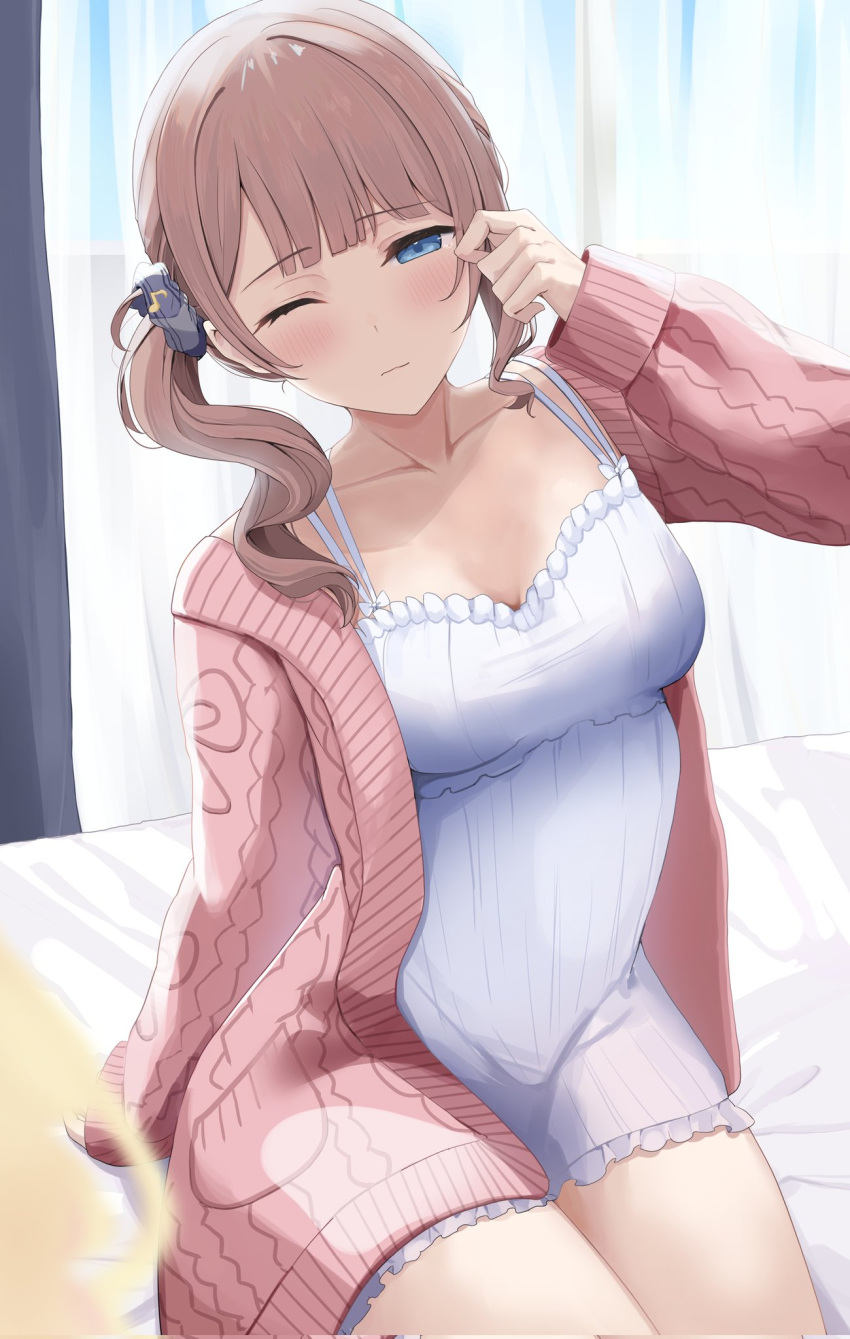 bed blue_eyes breasts brown_hair cleavage collarbone dress female highres kunizaki large_breasts long_sleeves medium_hair mochizuki_honami pajamas project_sekai side_ponytail sitting sleepy thighs white_dress