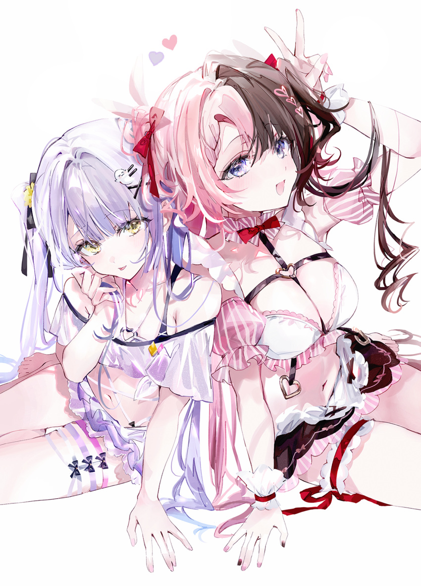 2girls :d arm_up black_ribbon blue_eyes bow bowtie breasts brown_bow brown_hair brown_nails cleavage commentary detached_sleeves english_commentary ghost_hair_ornament hair_intakes hair_ornament hair_ribbon hand_up harness heart heart_hair_ornament highres long_hair looking_at_viewer multicolored_hair multiple_girls navel o-ring o-ring_harness open_mouth pink_bow pink_hair pink_nails pink_sleeves puffy_detached_sleeves puffy_sleeves purple_hair red_bow red_bowtie ribbon shia_job shinomiya_runa short_sleeves simple_background smile split-color_hair stomach striped_choker striped_sleeves tachibana_hinano_(vtuber) tongue tongue_out two-tone_hair two_side_up v_over_head virtual_youtuber vspo! white_background white_wrist_cuffs wrist_cuffs x_hair_ornament yellow_eyes