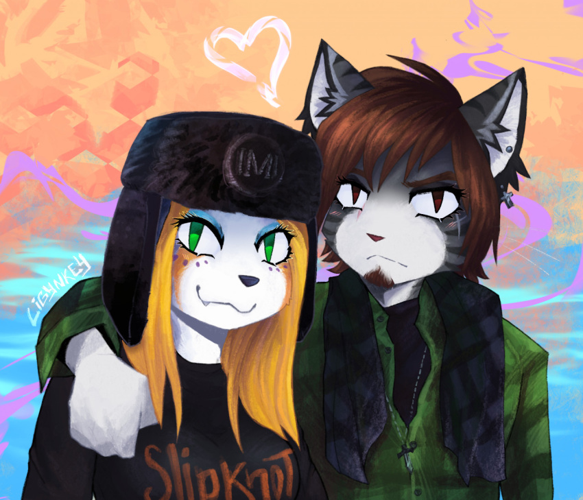 abstract_background alternative_fashion anthro arm_on_shoulder australian_shepherd blonde_hair brother_(lore) brother_and_sister_(lore) brown_hair canid canine canis clothed clothing cousins_(lore) cross cute_fangs dark_eyes dark_hair domestic_cat domestic_dog duo ear_piercing eye_scar eyelashes facial_scar fangs felid feline felis female frown fur green_eyes greyscale hair half_body hat headgear headwear heart_symbol herding_dog hug incest_(lore) ligynkey logo long_hair longsleeve love male male/female mammal markings metalhead missshiba monochrome multicolored_body multicolored_fur pastoral_dog piercing romantic romantic_couple russian scar scarf sheepdog sheva_(fursona) shiba_(fursona) shirt sibling_(lore) sister_(lore) slipknot smile spots spotted_markings striped_markings stripes teeth topwear ushanka