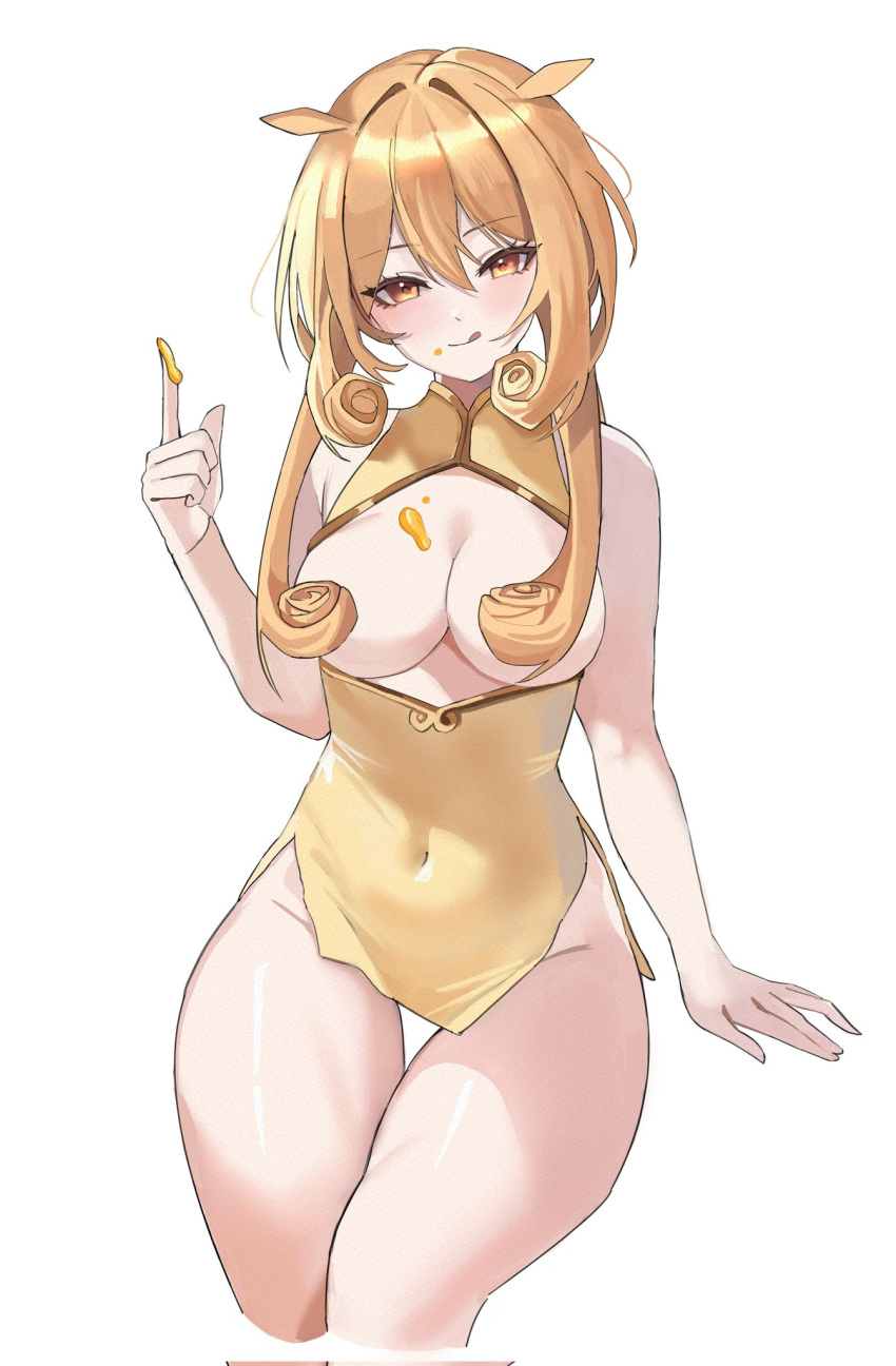 :q bare_arms bare_shoulders breasts chung_(ugwa) cleavage closed_mouth commission covered_navel cream cream_on_breasts cream_on_face cropped_legs curly_hair dress female food food_on_face framed_breasts gold_trim hair_censor hand_up highres index_finger_raised long_hair looking_at_viewer medium_breasts no_bra no_panties orange_eyes orange_hair original pelvic_curtain rudang short_dress simple_background sleeveless sleeveless_dress smile solo thigh_gap thighs tongue tongue_out white_background yellow_dress