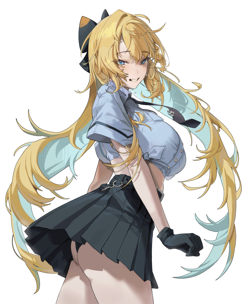 absurdres ass_peek black_necktie black_panties black_skirt blonde_hair blue_eyes blue_hair blue_shirt bow braid breasts buttons commission cowboy_shot crop_top dress_shirt female floating_hair grin hairbow high-waist_skirt highres large_breasts long_hair looking_at_viewer midriff miniskirt multicolored_hair navel necktie original panties pleated_skirt police police_uniform policewoman rima_(0136) shirt short_sleeves side-tie_shirt simple_background skirt smile solo sonya_(schan) standing twisted_torso two-tone_hair underwear very_long_hair white_background